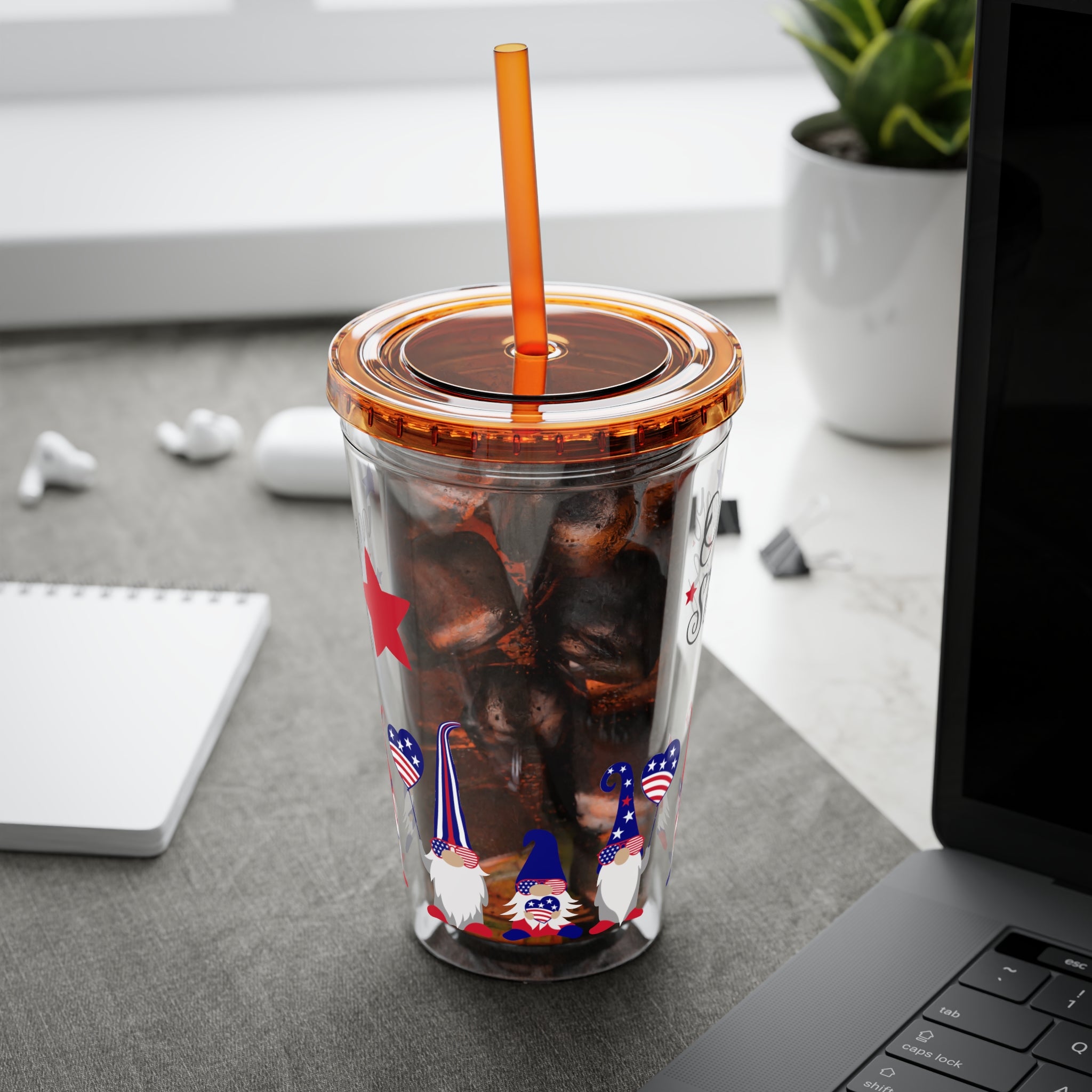 Patriotic Bow 16oz Tumbler with Straw — Red, White & Blue Stars Design