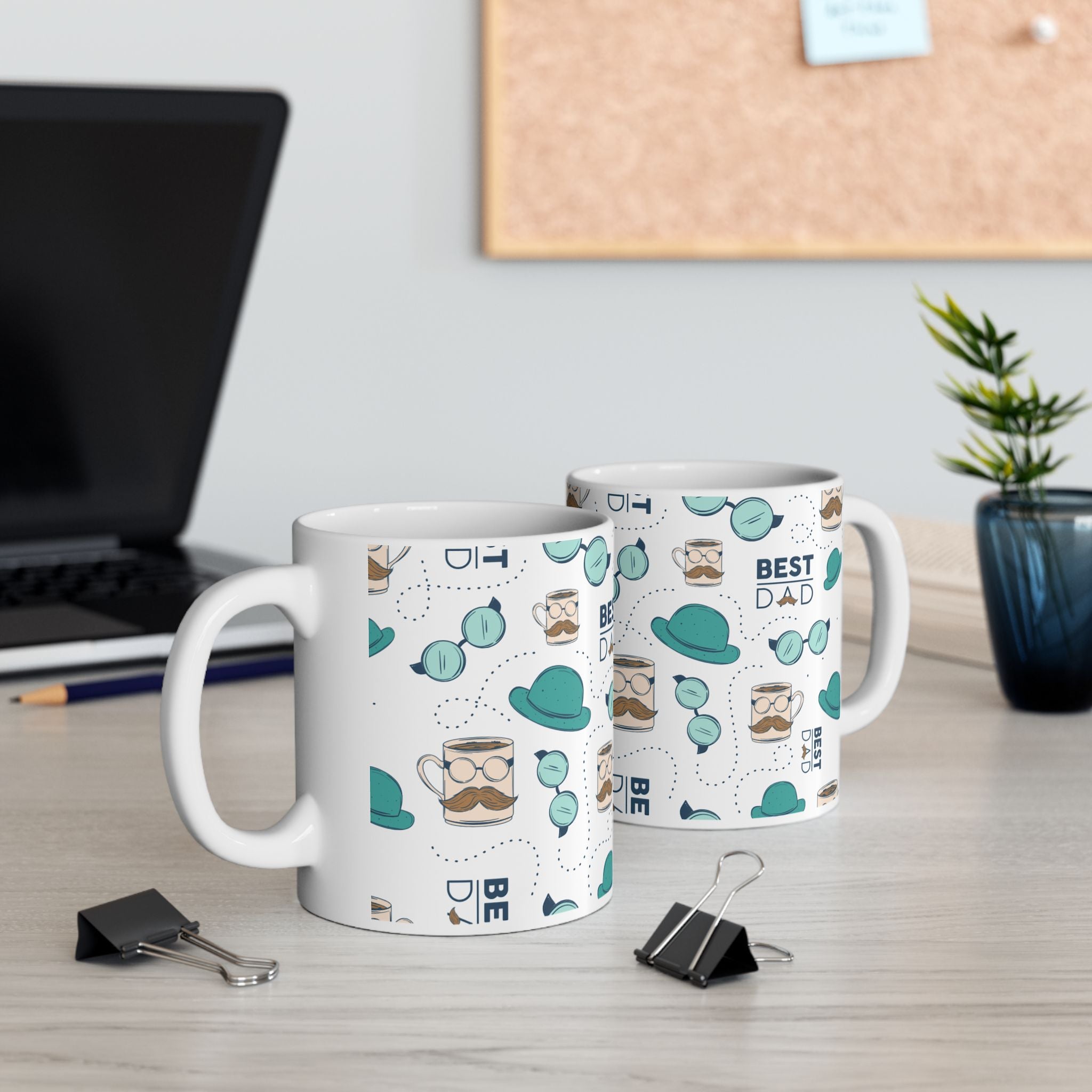 Best Dad Pattern Ceramic Mug — 11oz & 15oz Father’s Day Mustache & Glasses Design