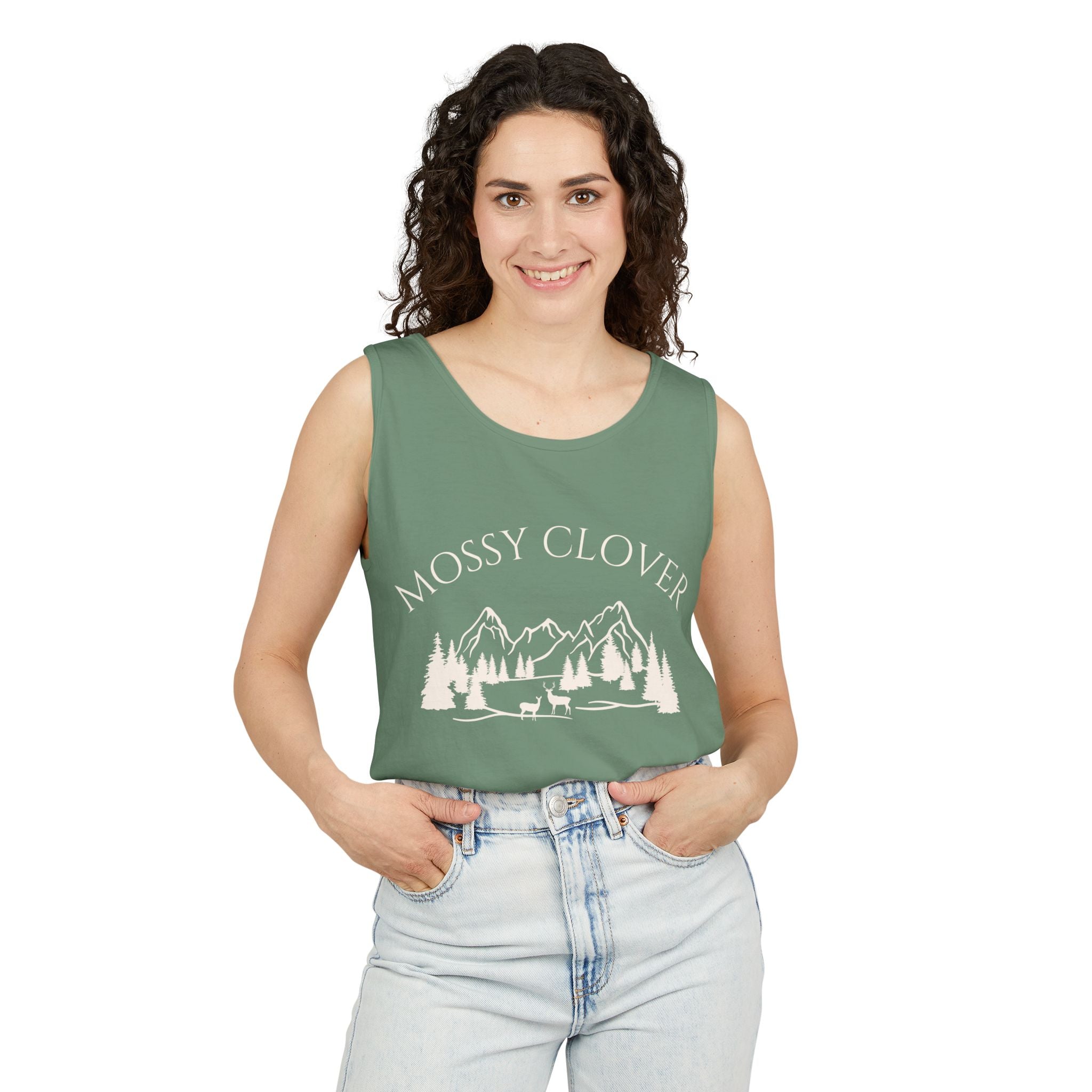Mossy Clover Mountain Tank Top — Outdoor Nature Graphic Tank