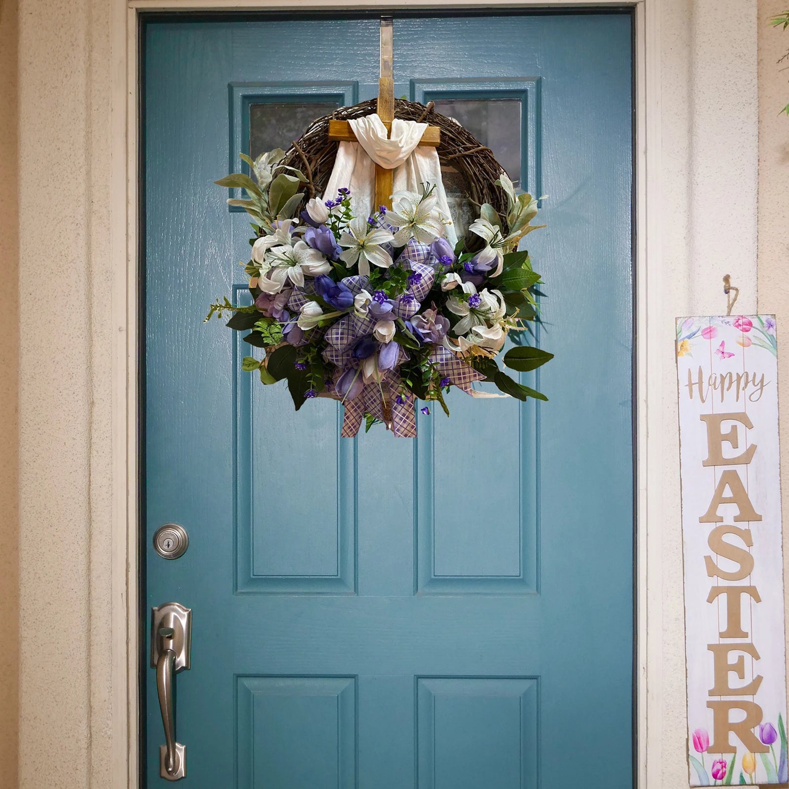Full Bloom Easter Cross Wreath – Vibrant Spring Door Decor