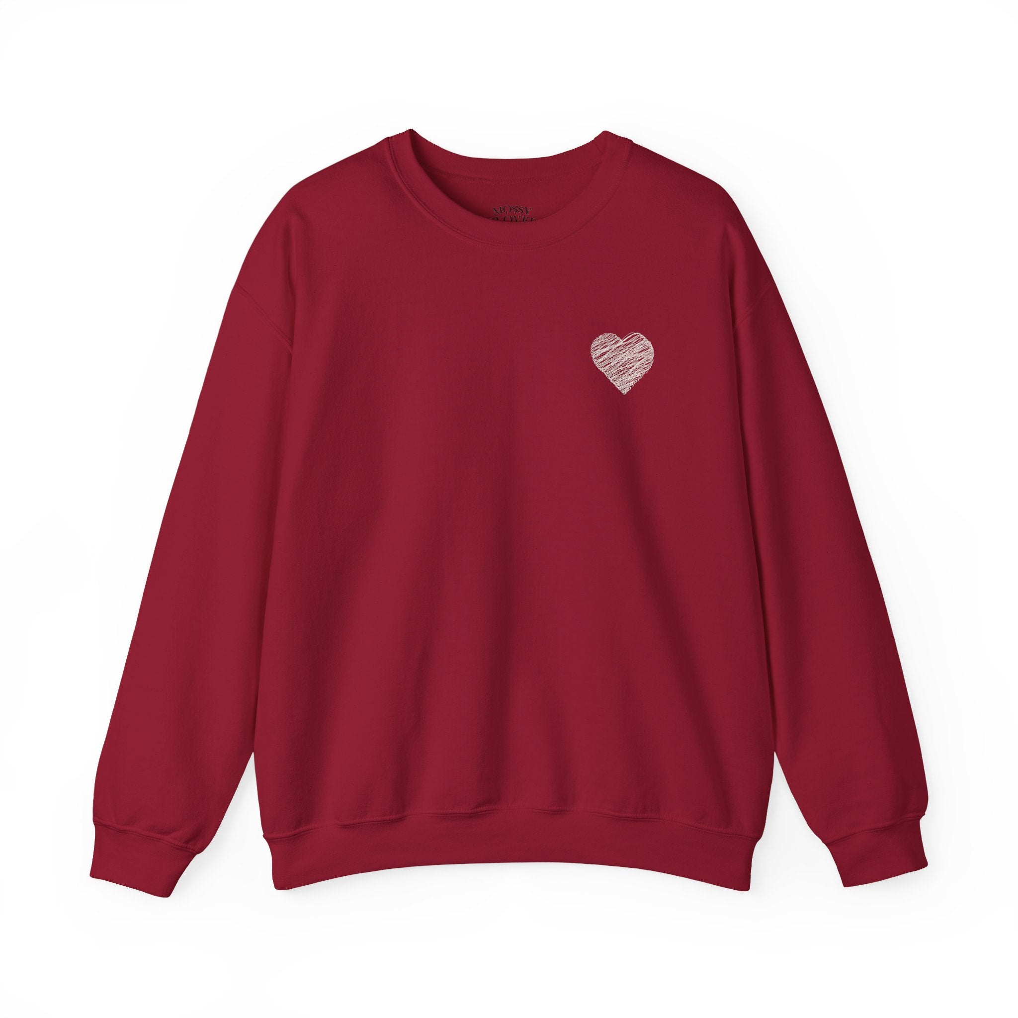 White Crewneck Sweatshirt with Small Gray Heart Chest Design