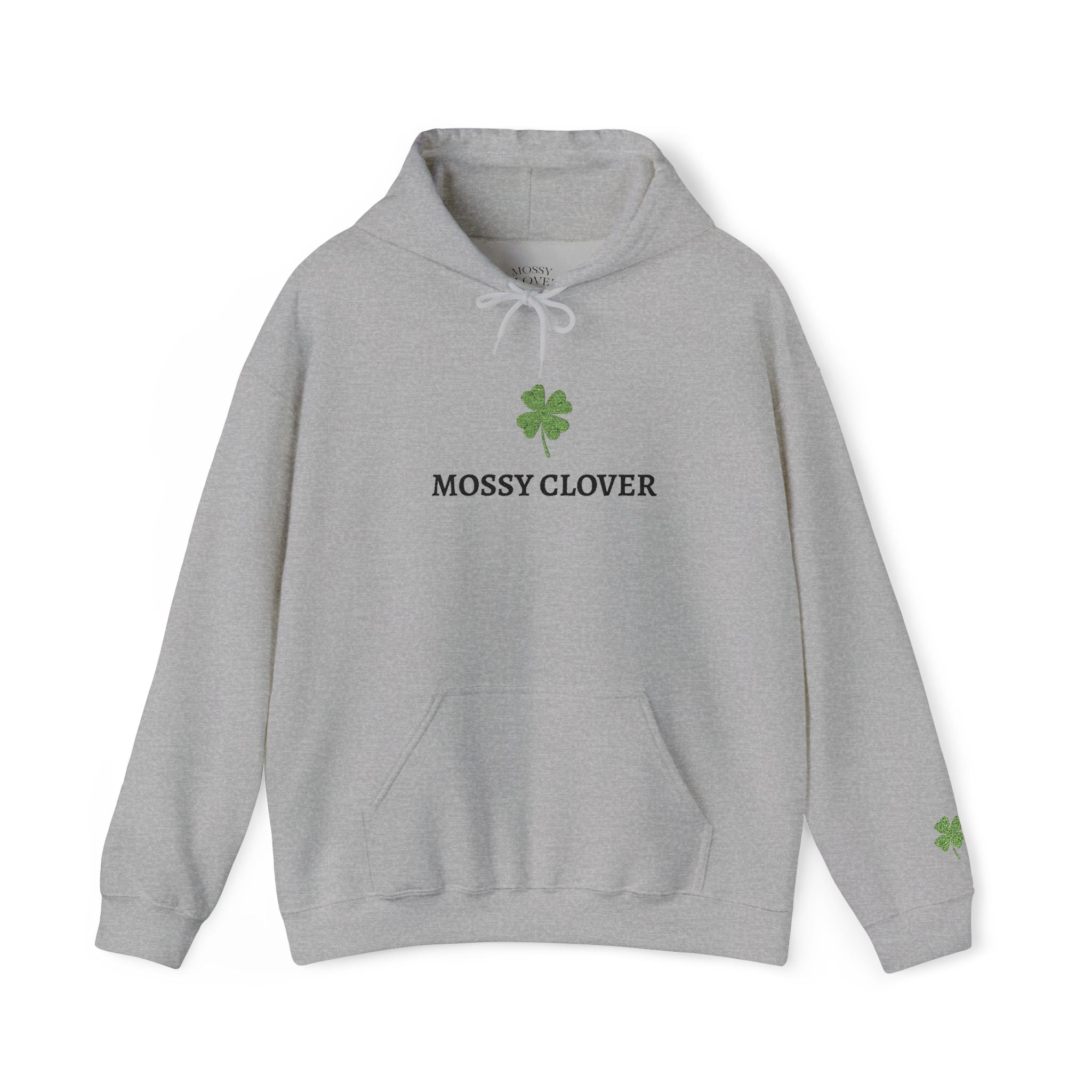 Mossy Clover Hoodie — Embroidered Green Four-Leaf Clover Graphic Pullover