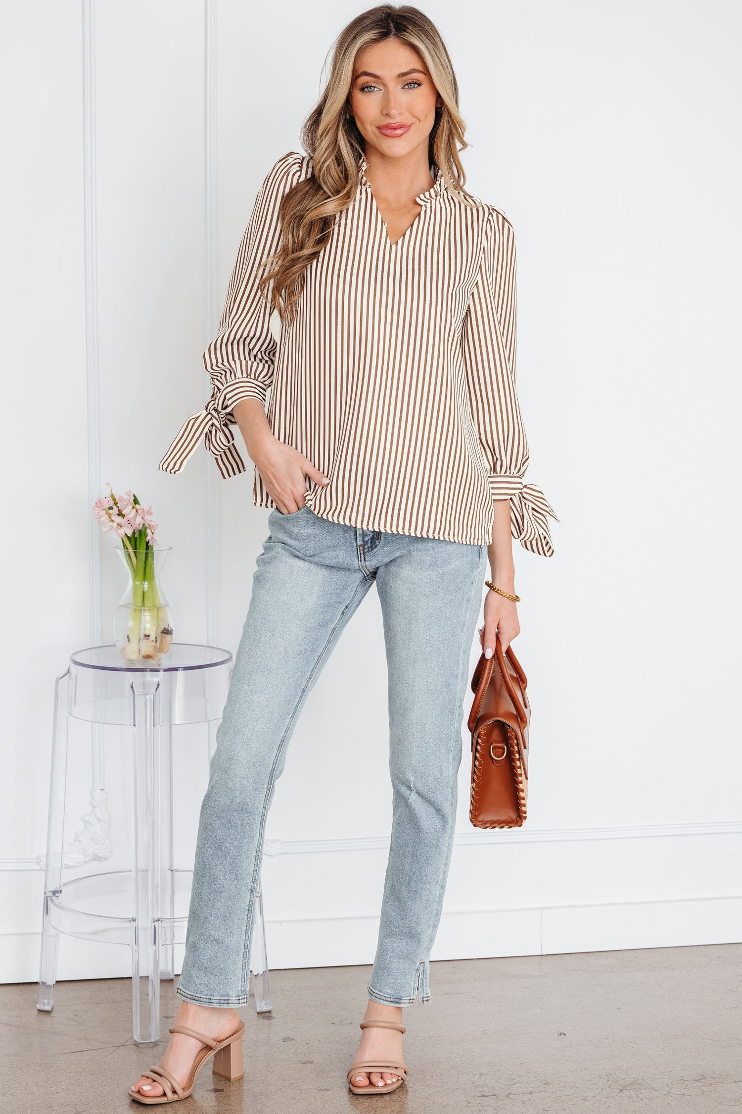 Blair Seersucker Blouse — Tie-Cuff Stripe Top