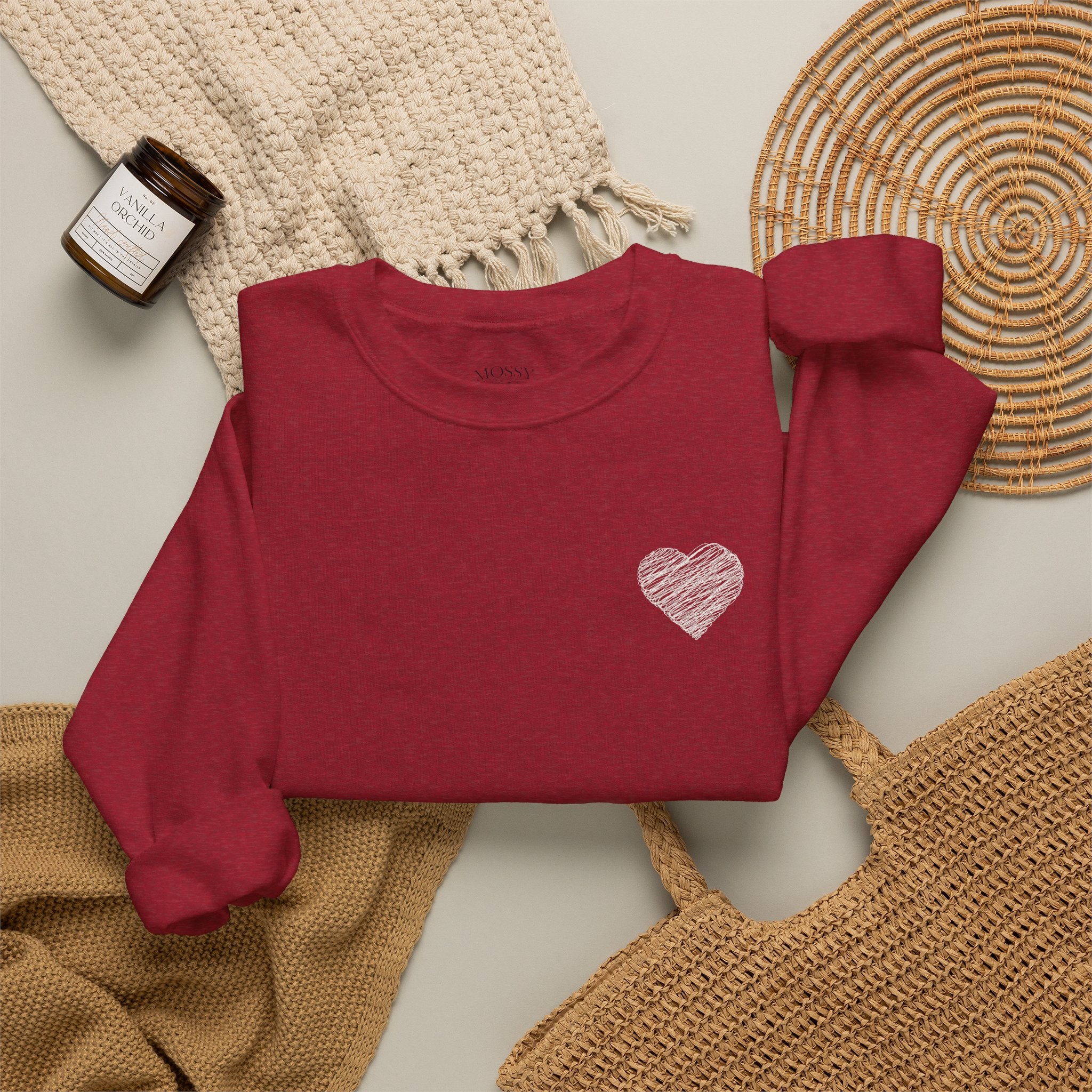 White Crewneck Sweatshirt with Small Gray Heart Chest Design