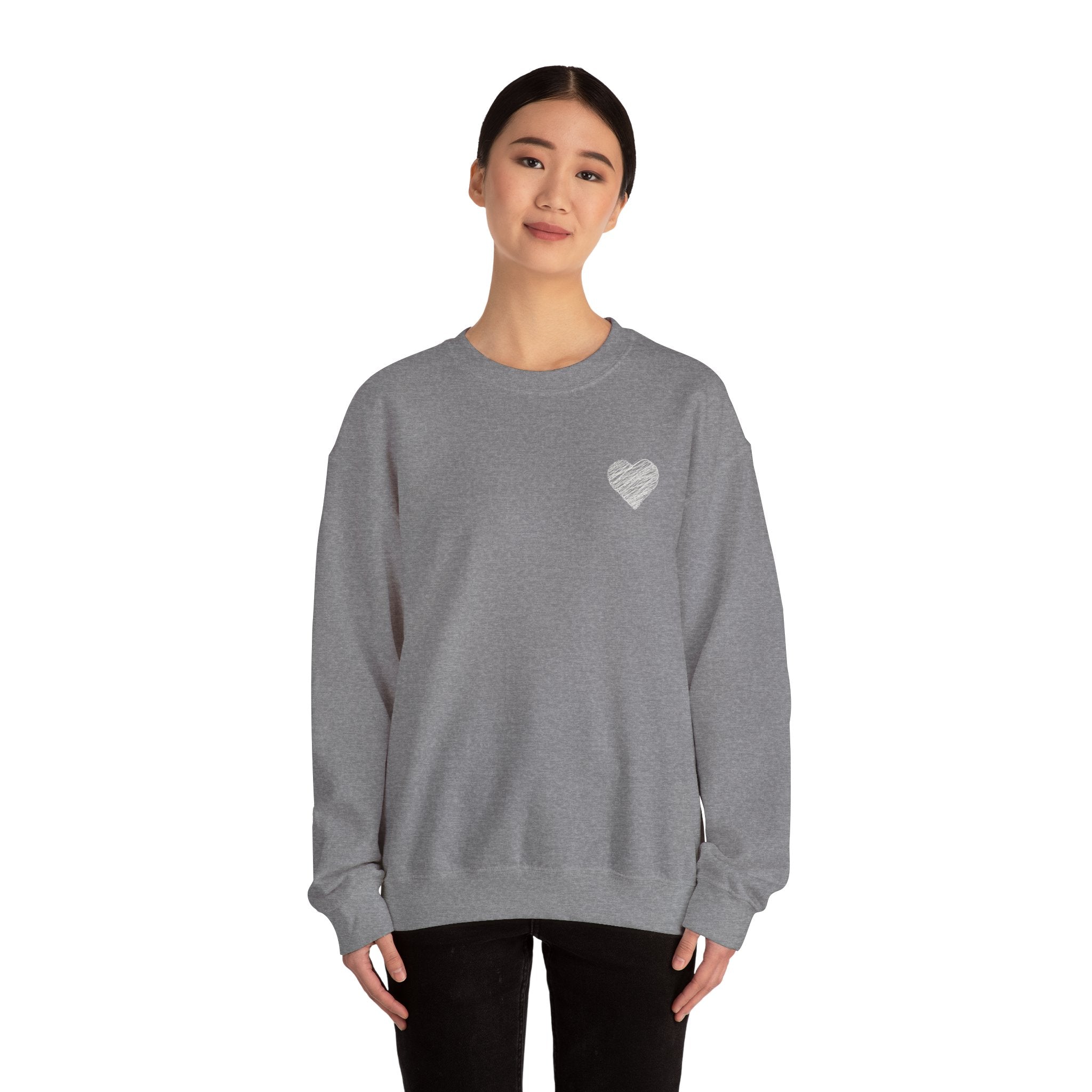 White Crewneck Sweatshirt with Small Gray Heart Chest Design