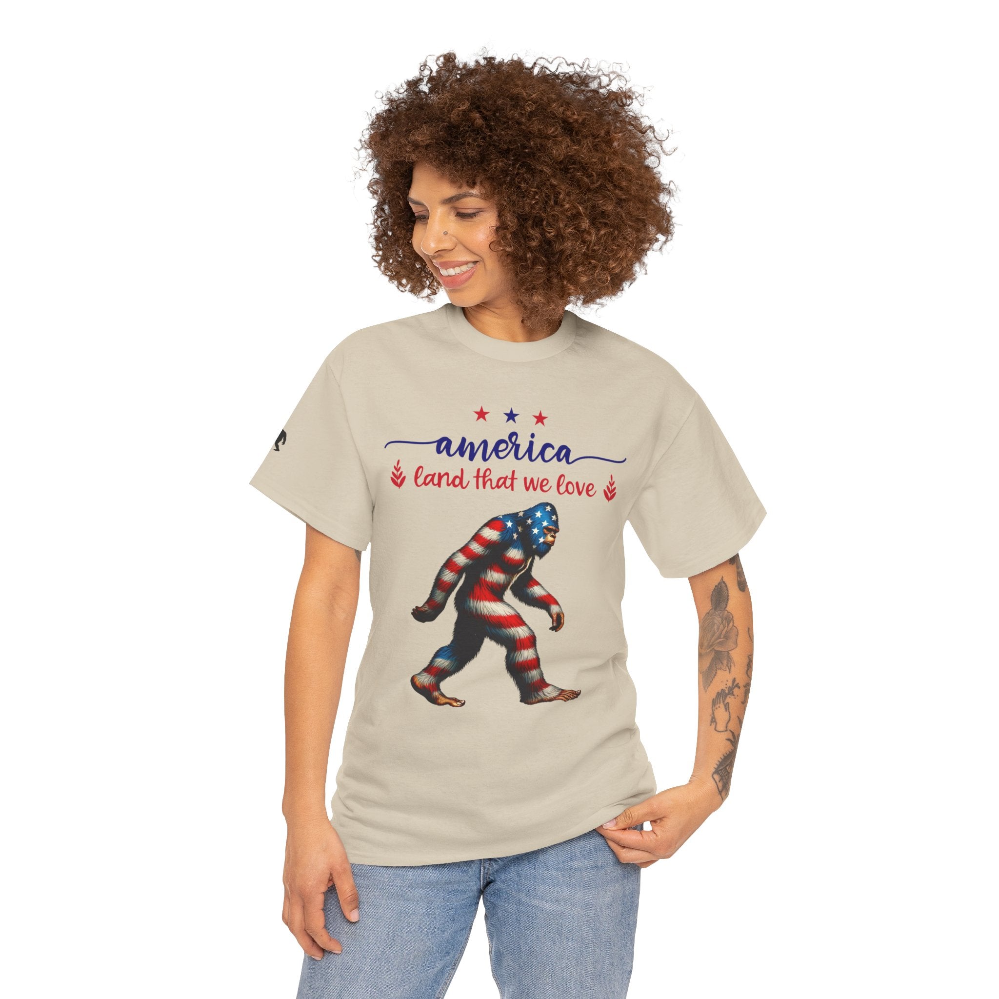 America “Land That We Love” Patriotic T‑Shirt — Flag Sasquatch Graphic Tee