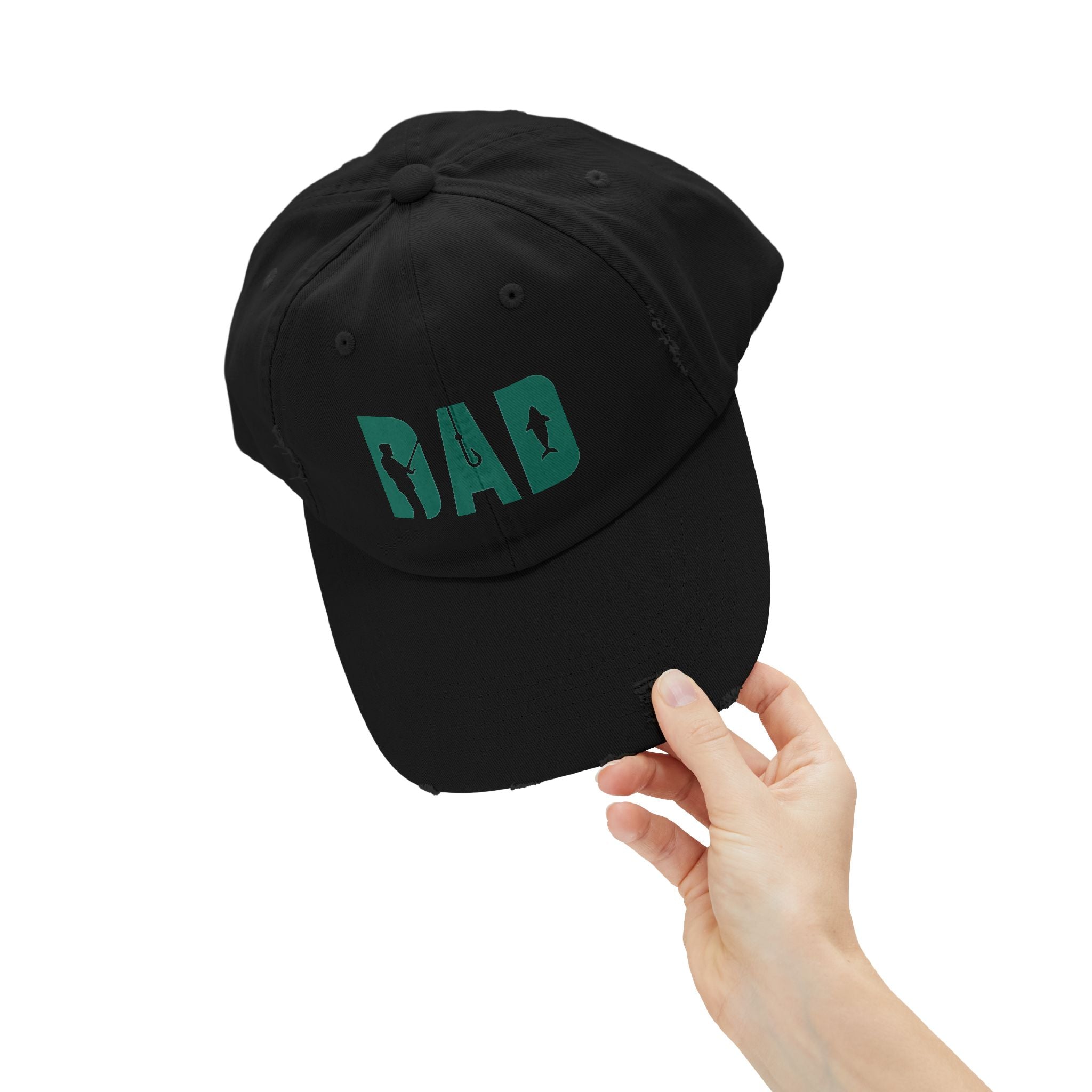 Fishing Dad Distressed Cap — 'DAD' Hook & Fish Trucker Hat