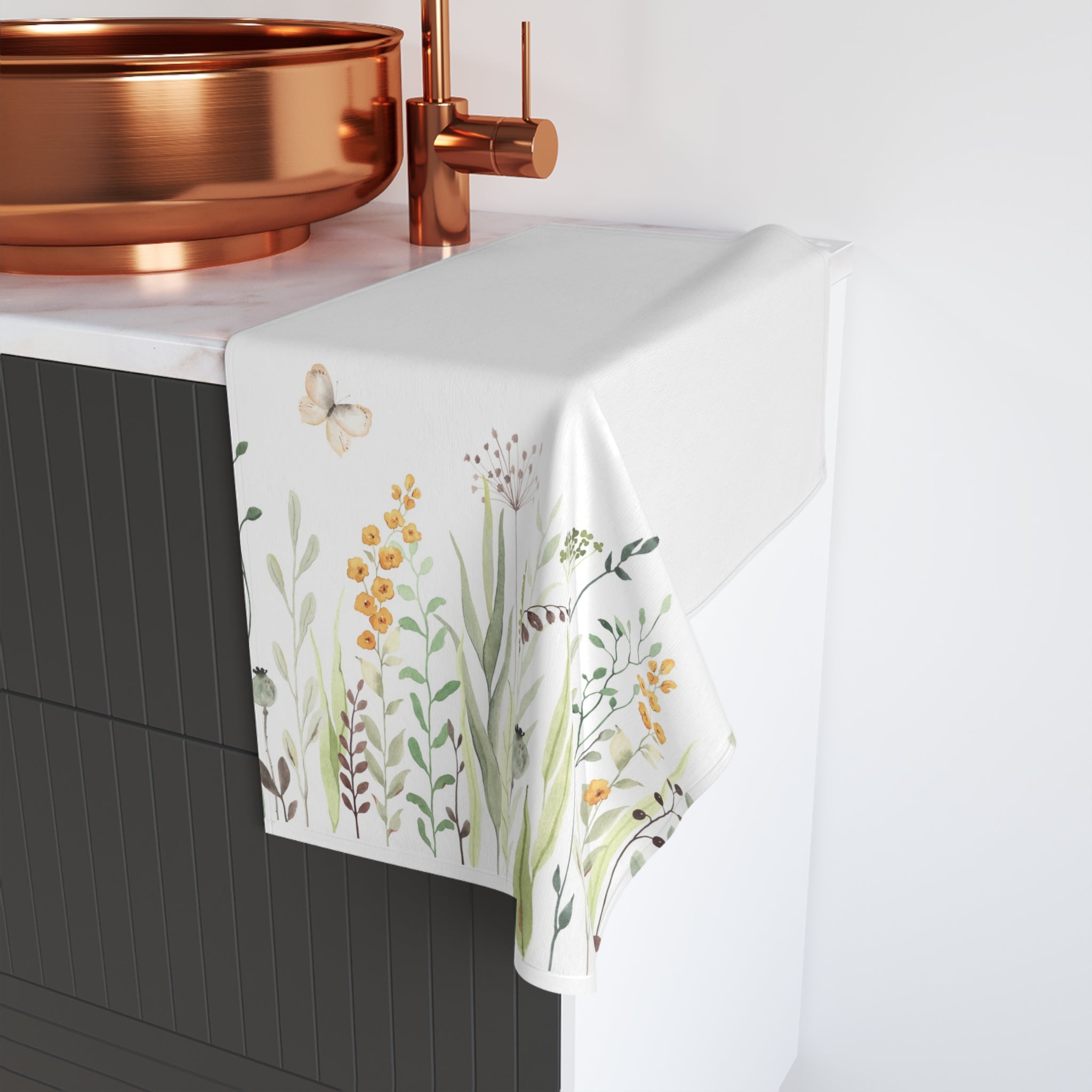 Spring Floral Hand Towel — Watercolor Wildflower & Butterfly Kitchen or Bathroom Towel