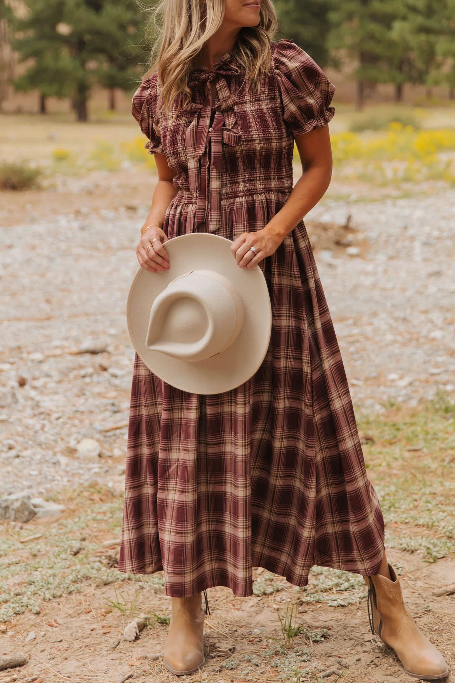 The Cider Orchard Vintage Plaid Knot Front Smocked High Waist Midi Dress for Women