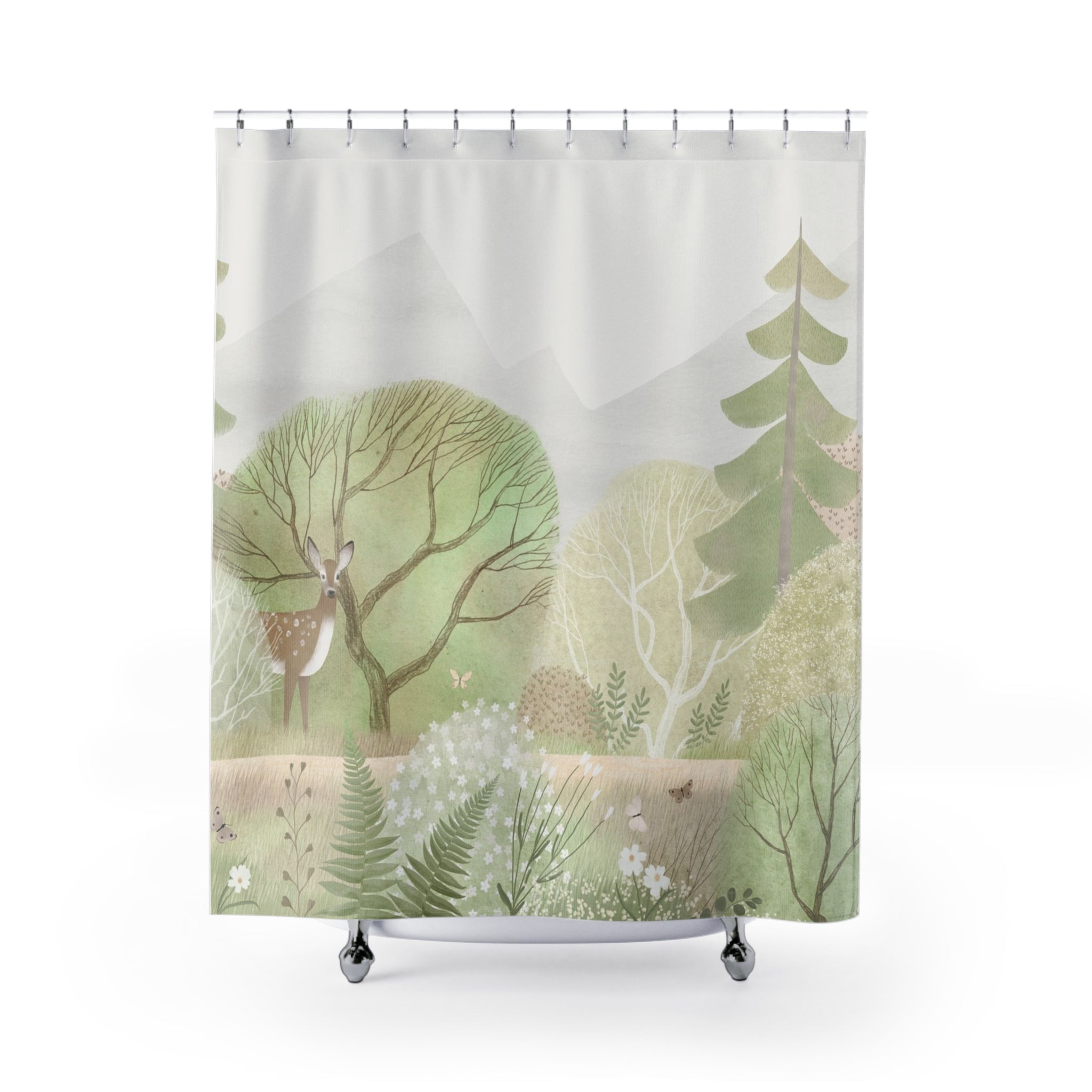 Forest Meadow Shower Curtain — Soft Green Woodland Deer Bathroom Decor