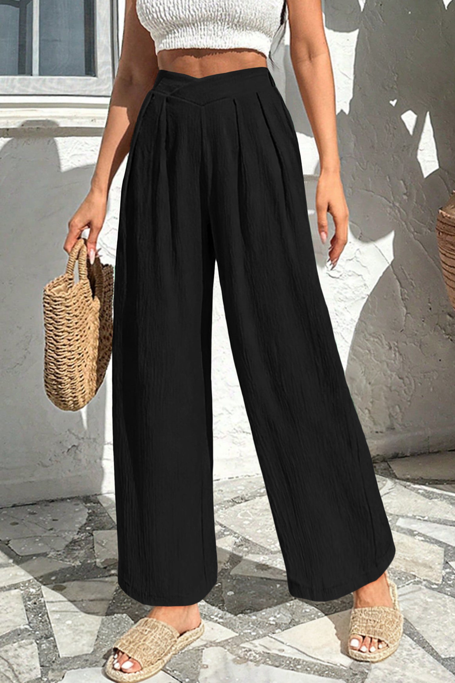 Contour Cross-Waist Trousers — Textured Wide-Leg Pants