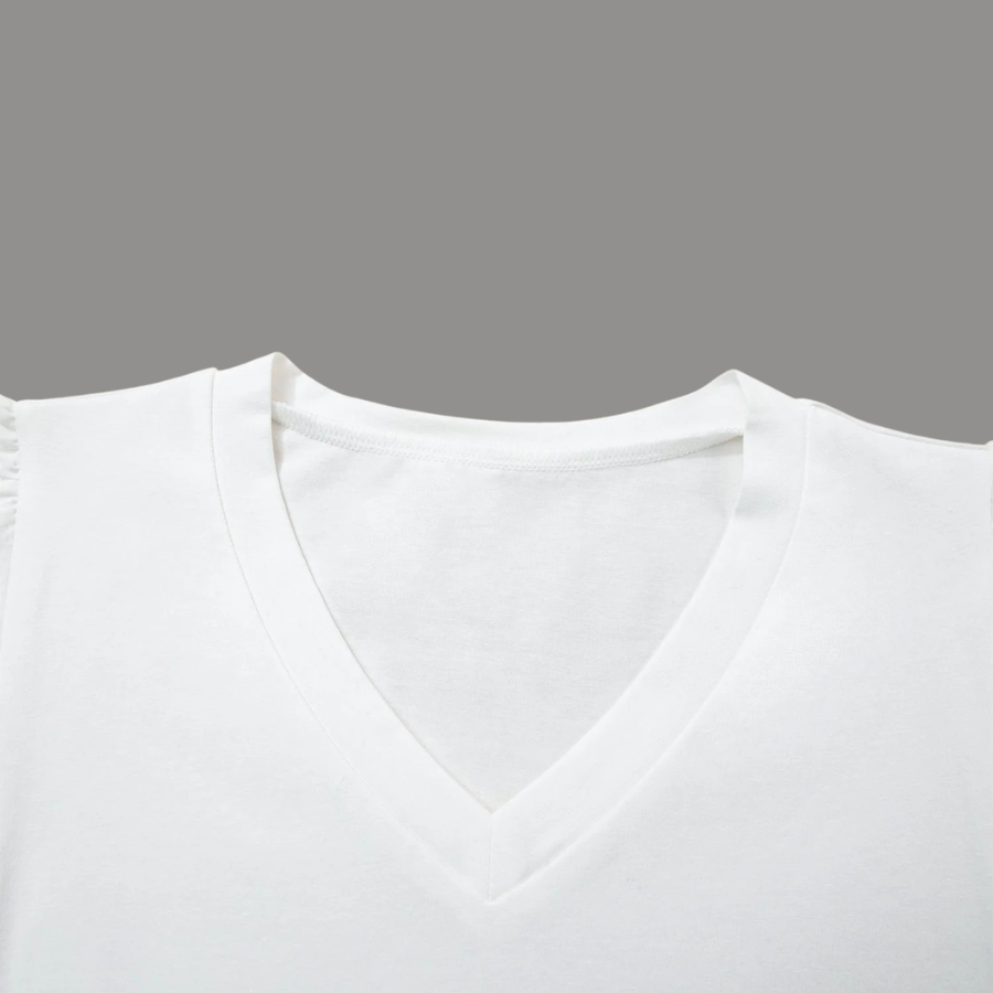 Eyelet Embroidered Flutter Sleeve Patchwork V-Neck Tee