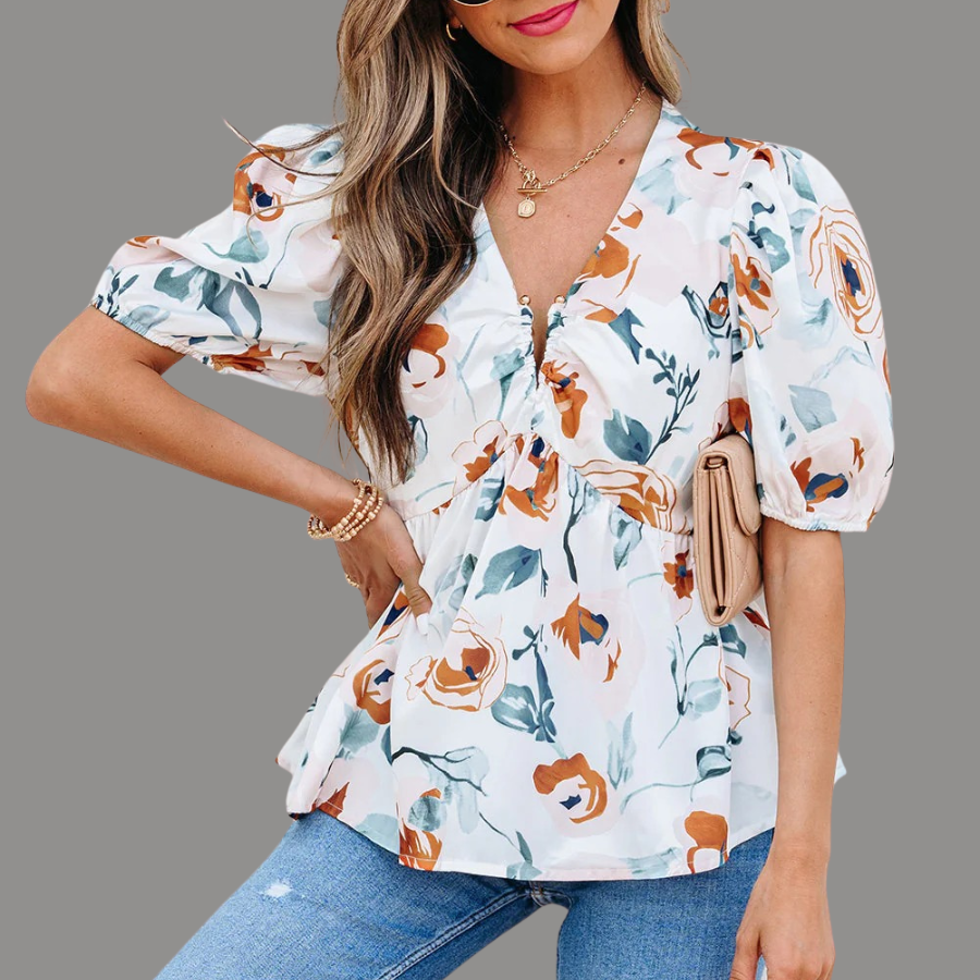 Floral Puff Sleeve V-Neck Babydoll Blouse
