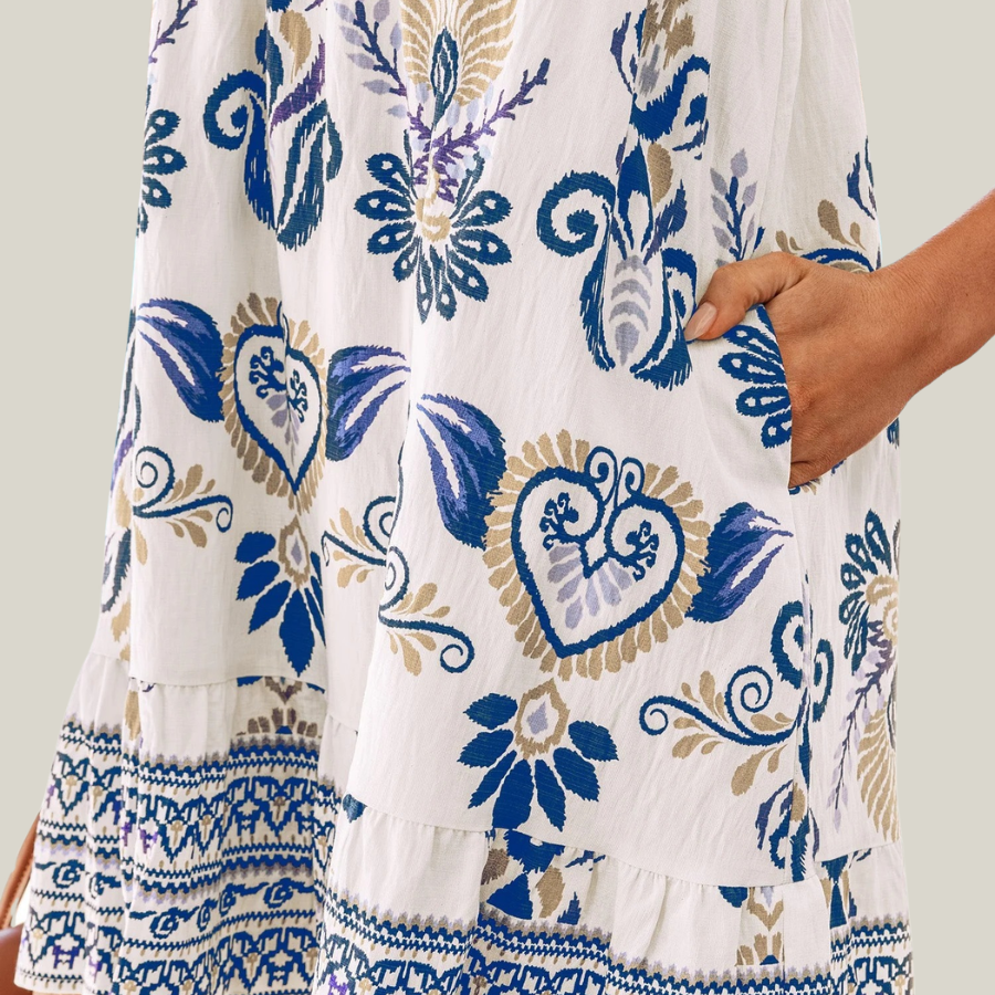 Boho Floral Split Neck Ruffle Mini Dress