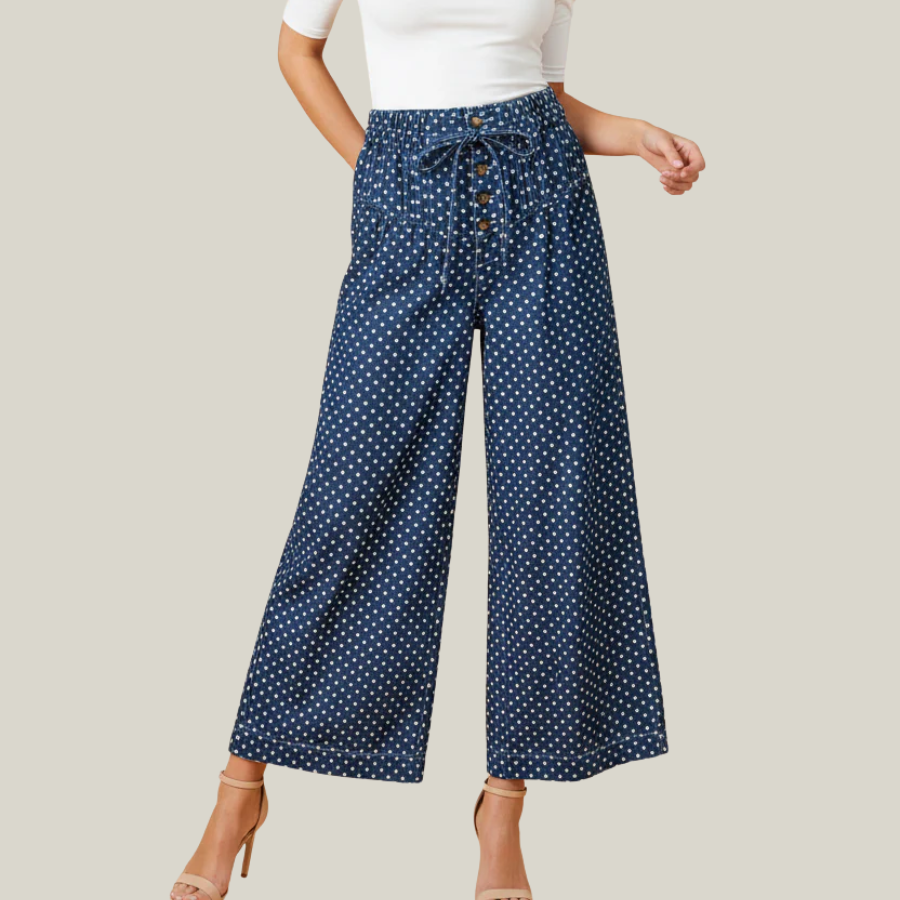 Polka Dot Button Up Pleated Wide Leg Jeans
