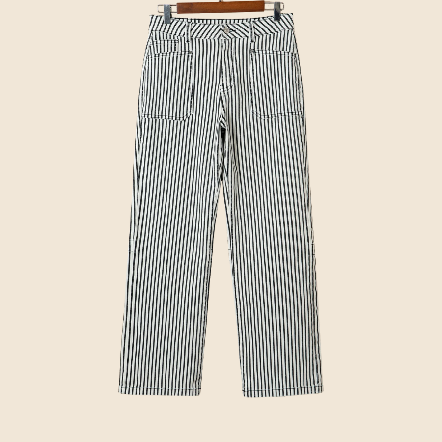 Stripe Denim High Waist Patch Pocket Jeans