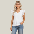 Eyelet Embroidered Flutter Sleeve Patchwork V-Neck Tee