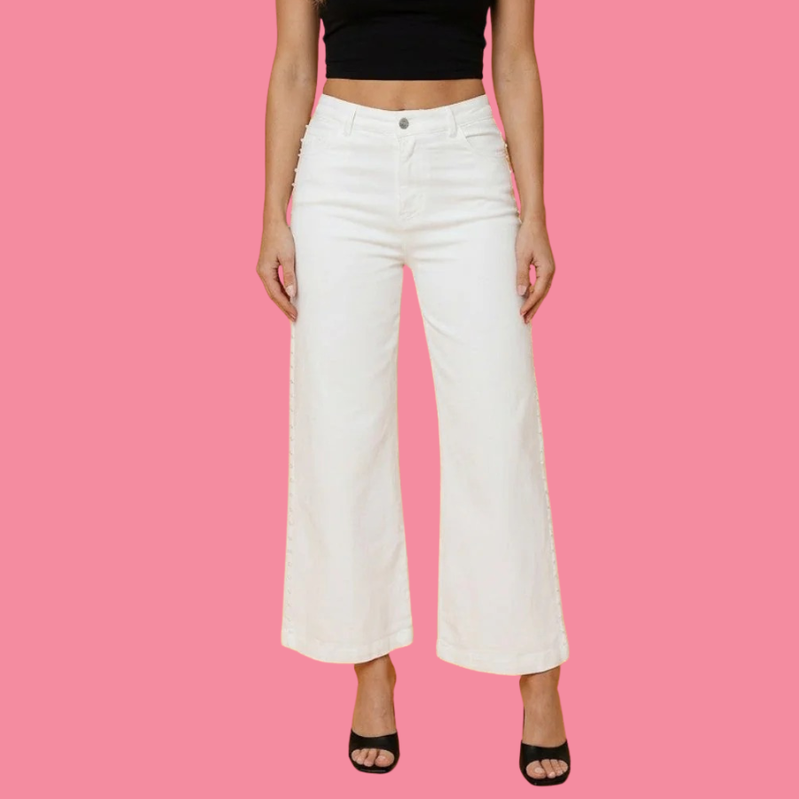 Pearl Embellished Side Seam Ankle Length Shift Jeans