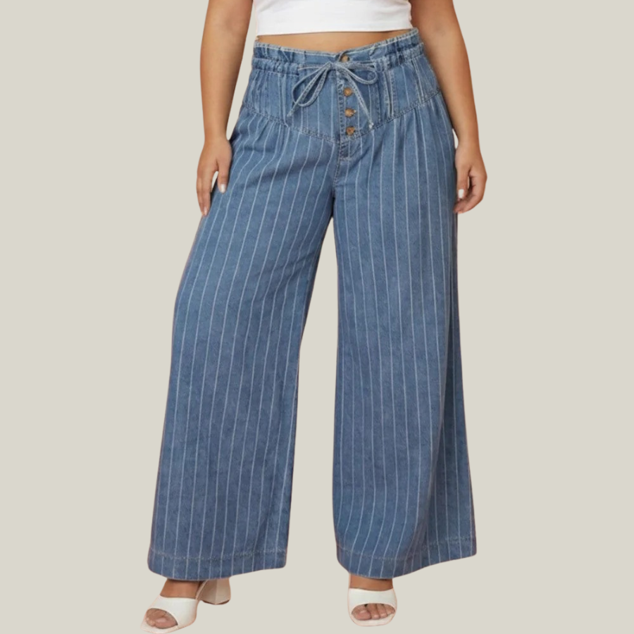 Plus Size Stripe Denim Buttoned Wide Leg Pants