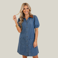 Denim Patchwork Collar Puff Sleeve Buttoned Mini Dress