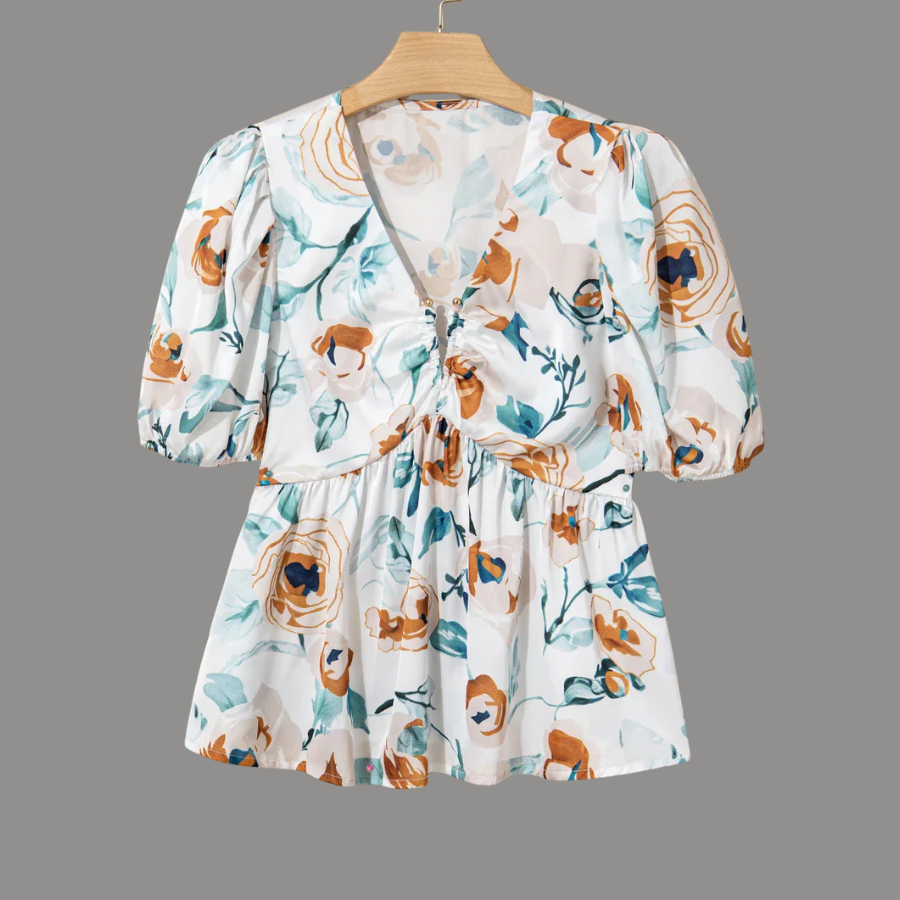 Floral Puff Sleeve V-Neck Babydoll Blouse
