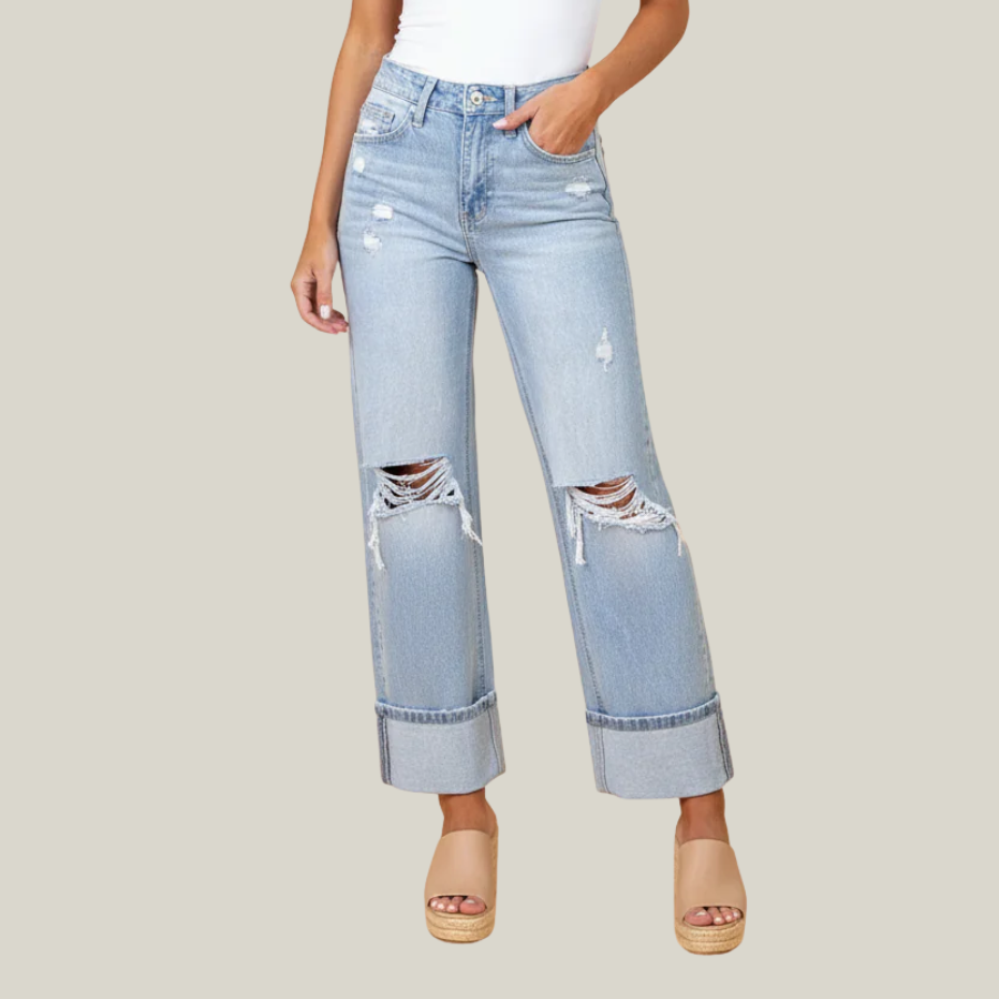 Distressed Denim Light Wash Straight Leg Jeans