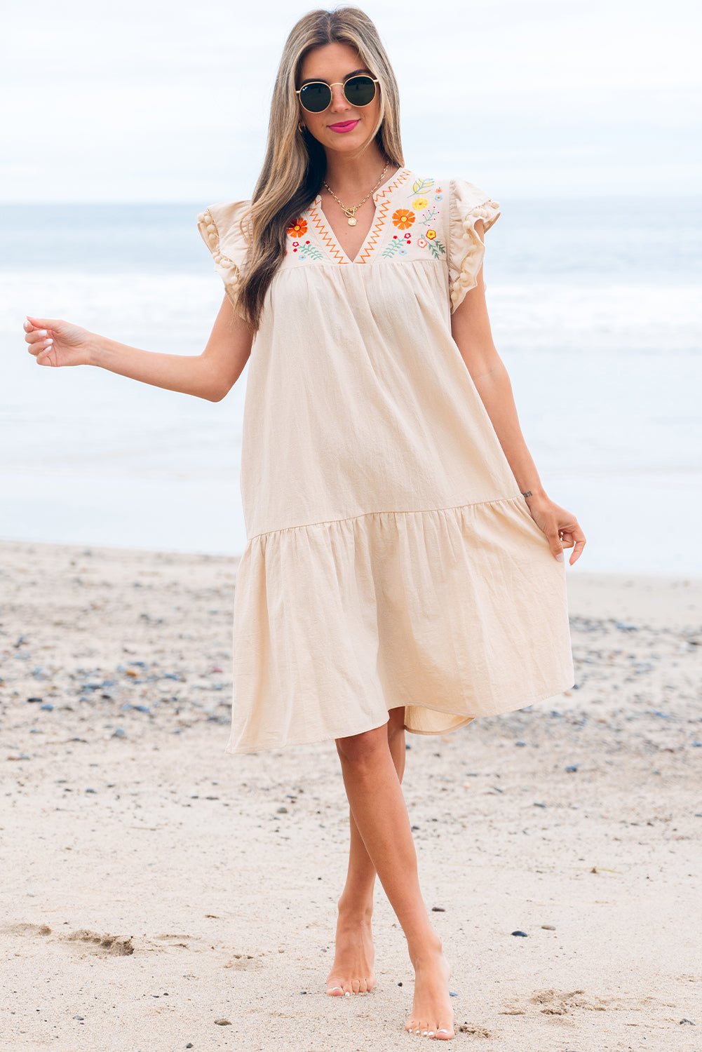 Linen Embroidery Pom Pom Ruffle Dress