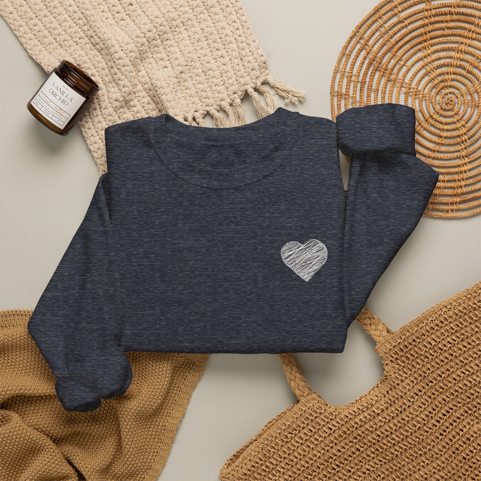 White Crewneck Sweatshirt with Small Gray Heart Chest Design