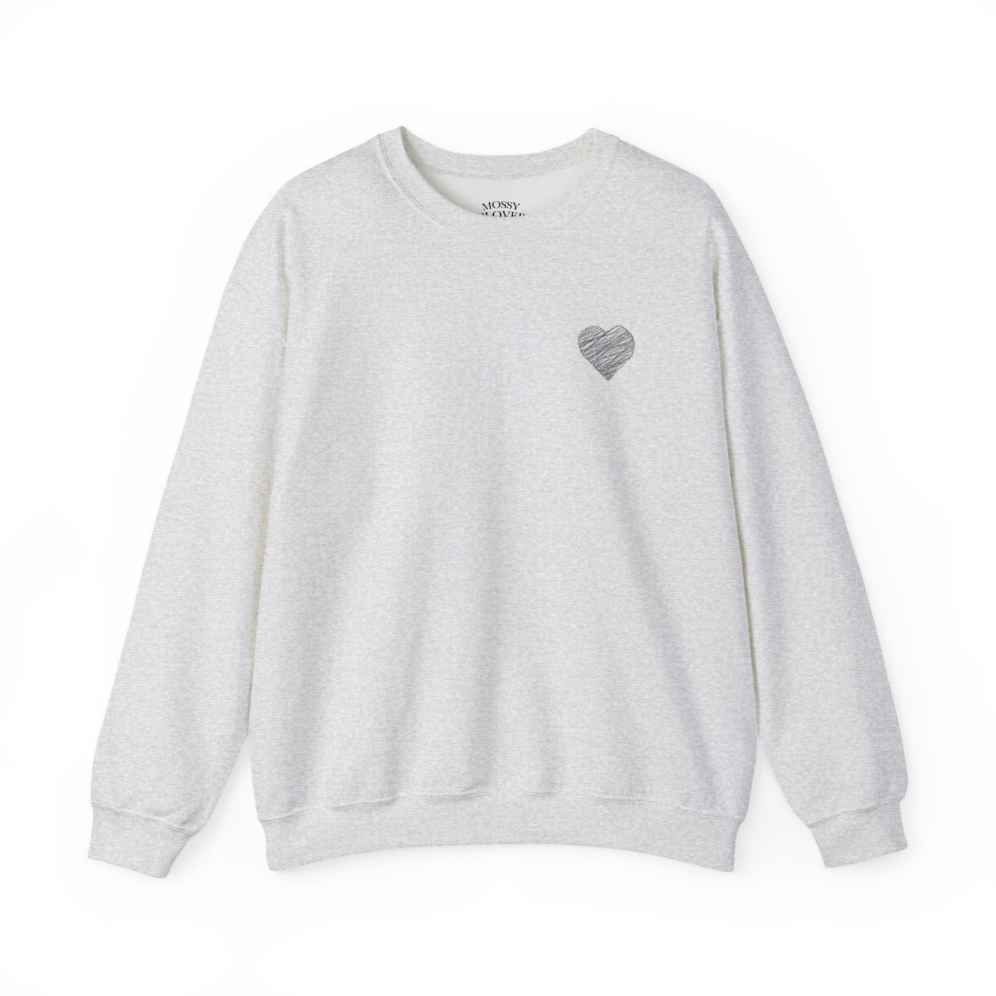 White Crewneck Sweatshirt with Small Gray Heart Chest Design