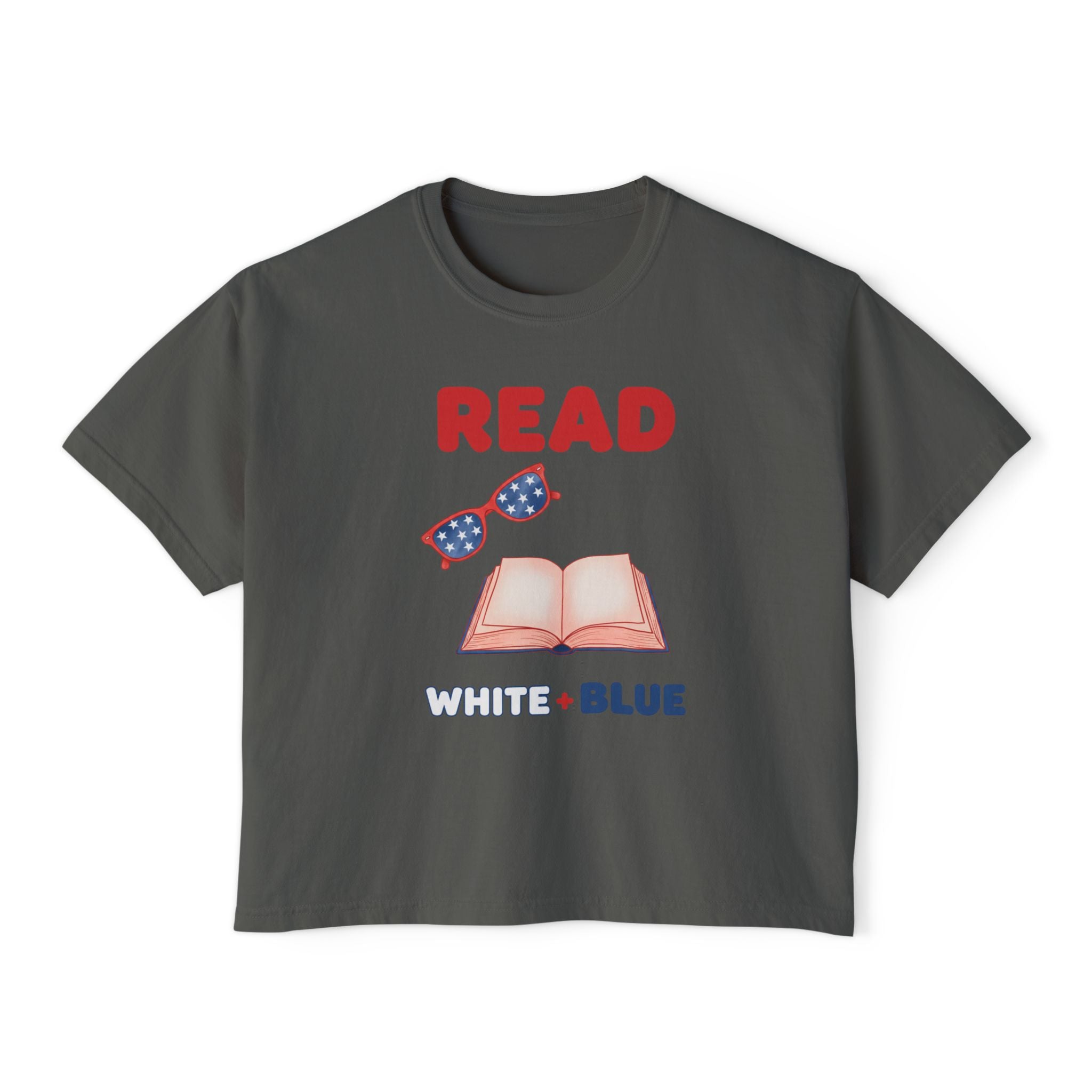 Women's Boxy Tee — "READ White + Blue" Patriotic Book Lover Shirt