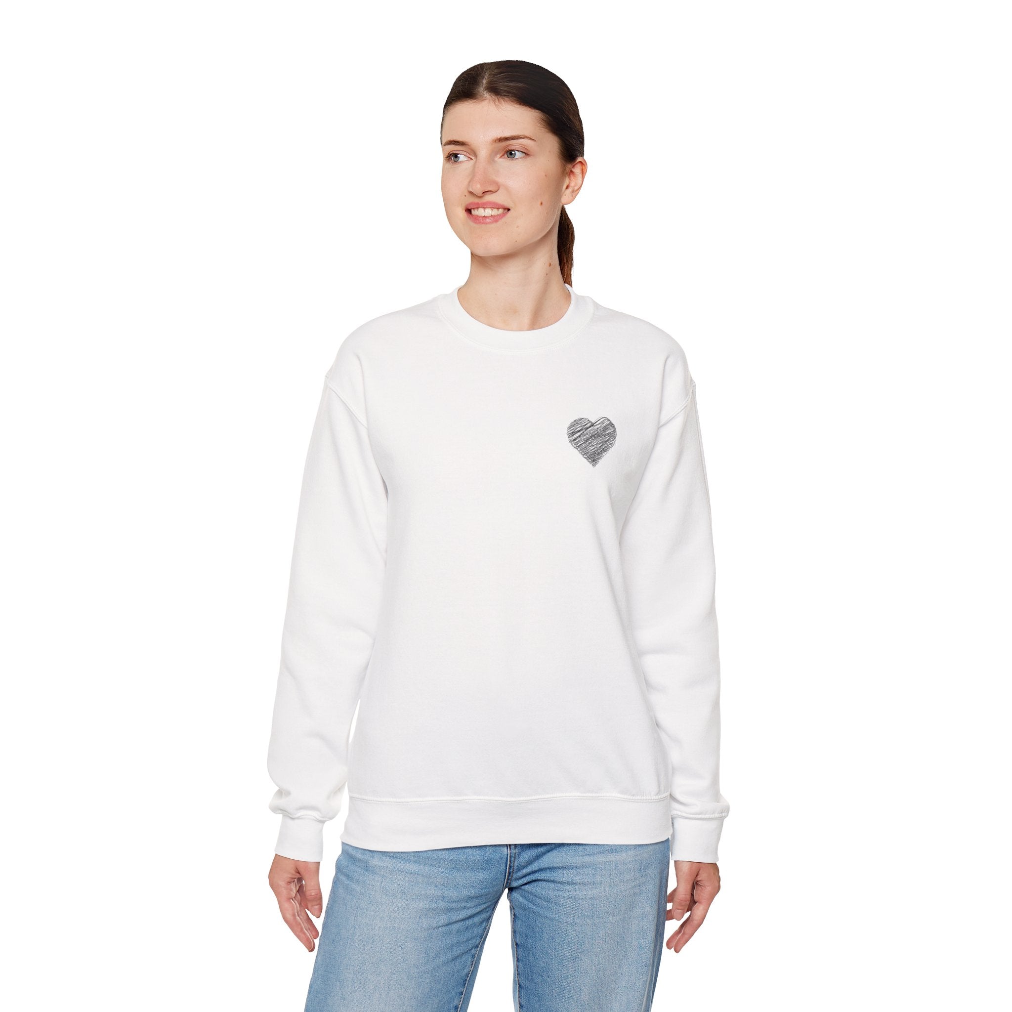 White Crewneck Sweatshirt with Small Gray Heart Chest Design