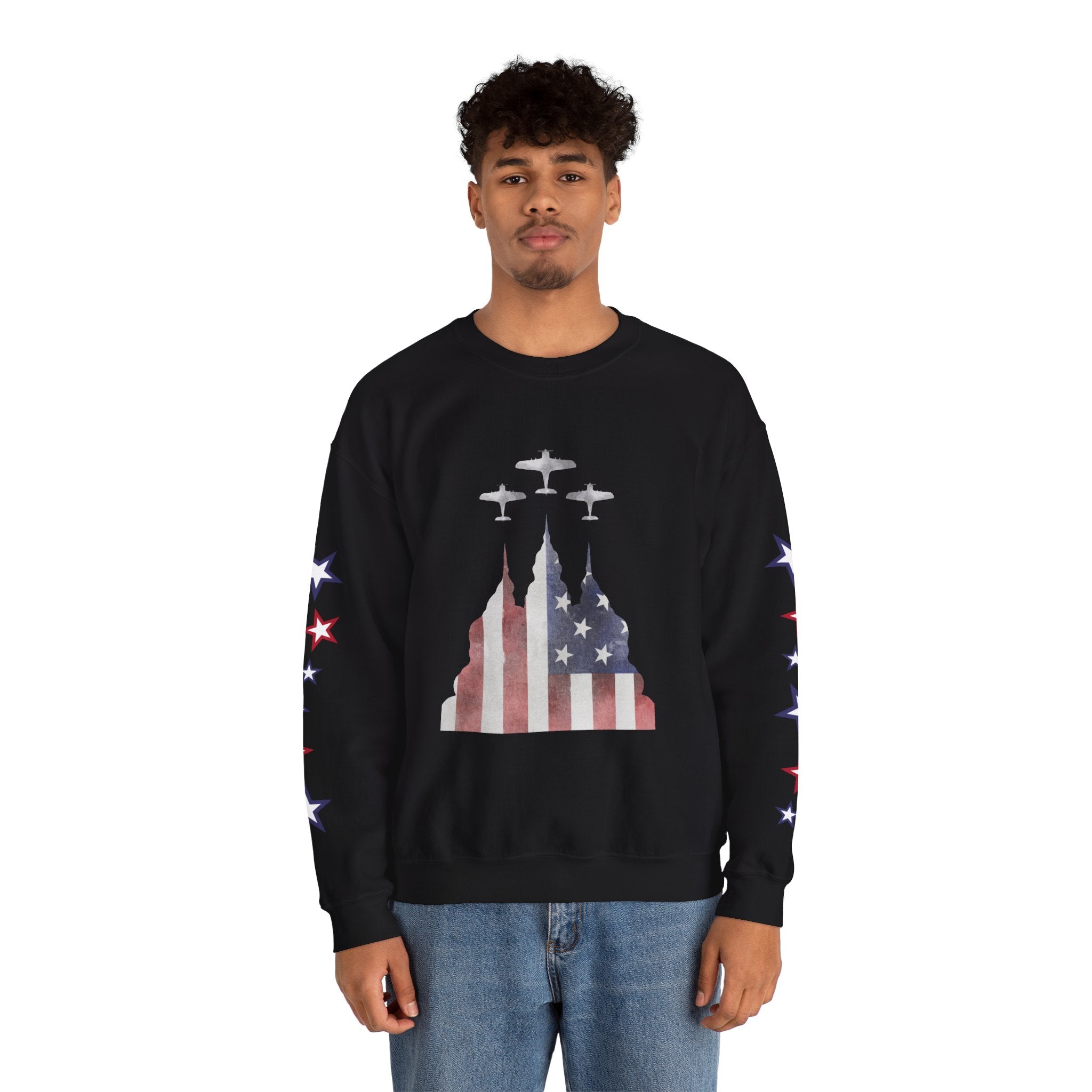 American Flag Castle Crewneck Sweatshirt — Patriotic Stars Sleeve Pullover