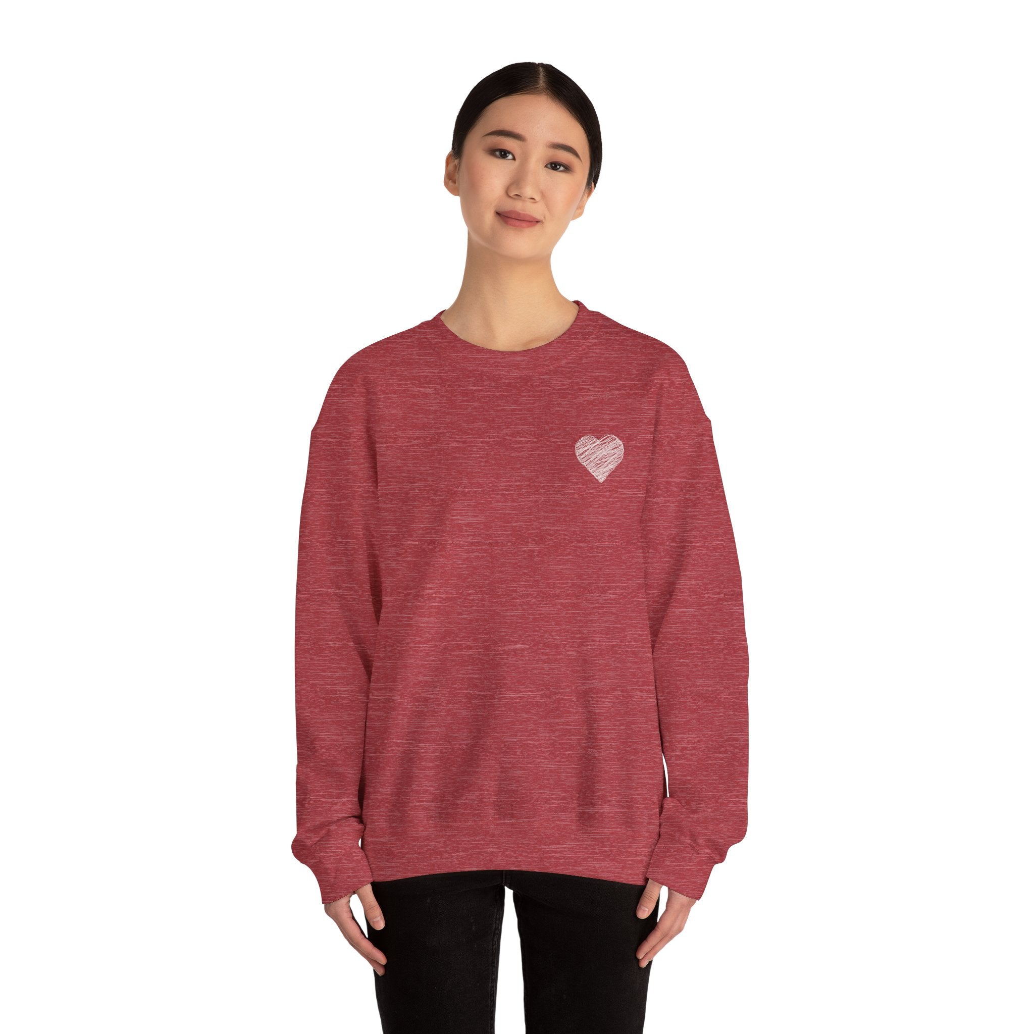 White Crewneck Sweatshirt with Small Gray Heart Chest Design
