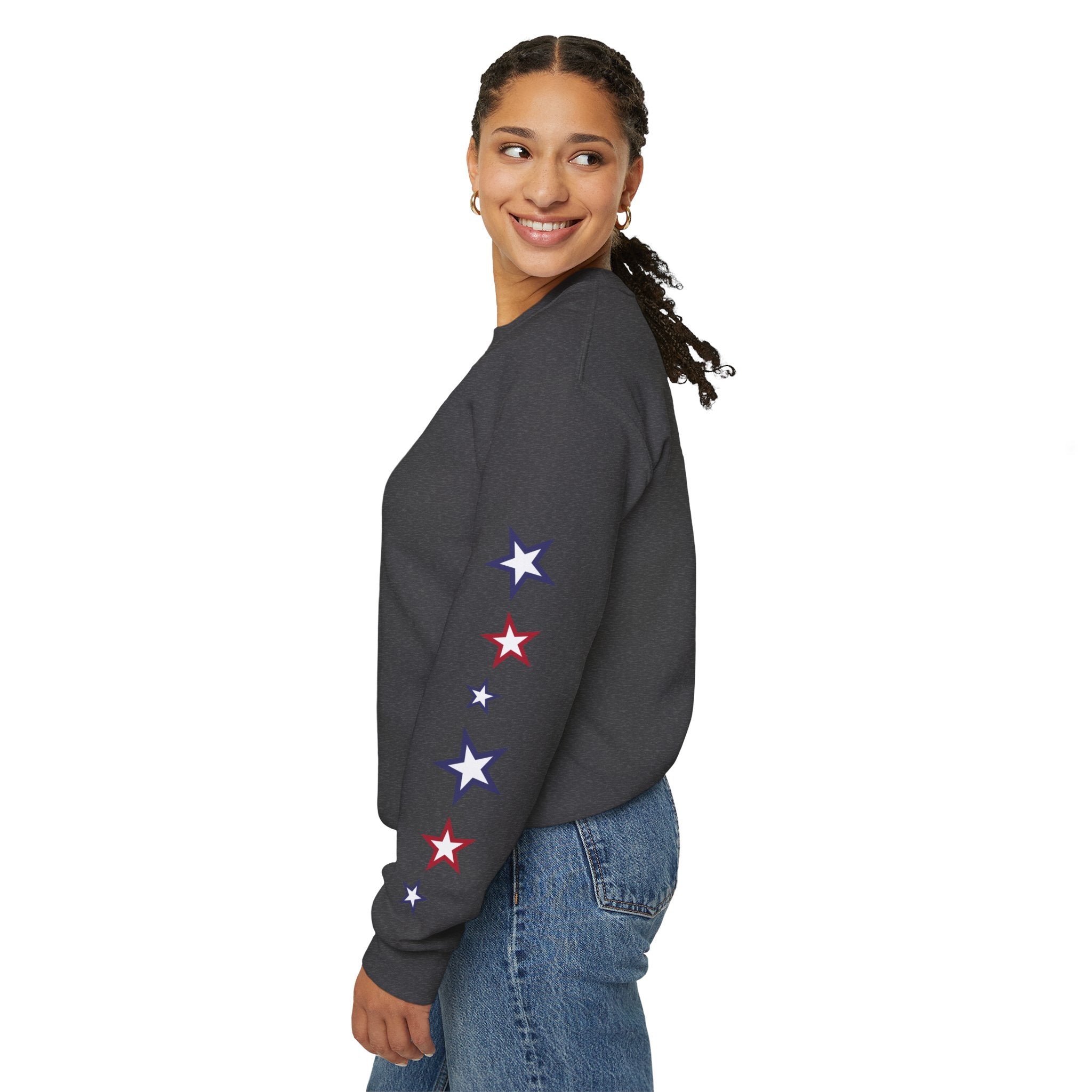 American Flag Castle Crewneck Sweatshirt — Patriotic Stars Sleeve Pullover