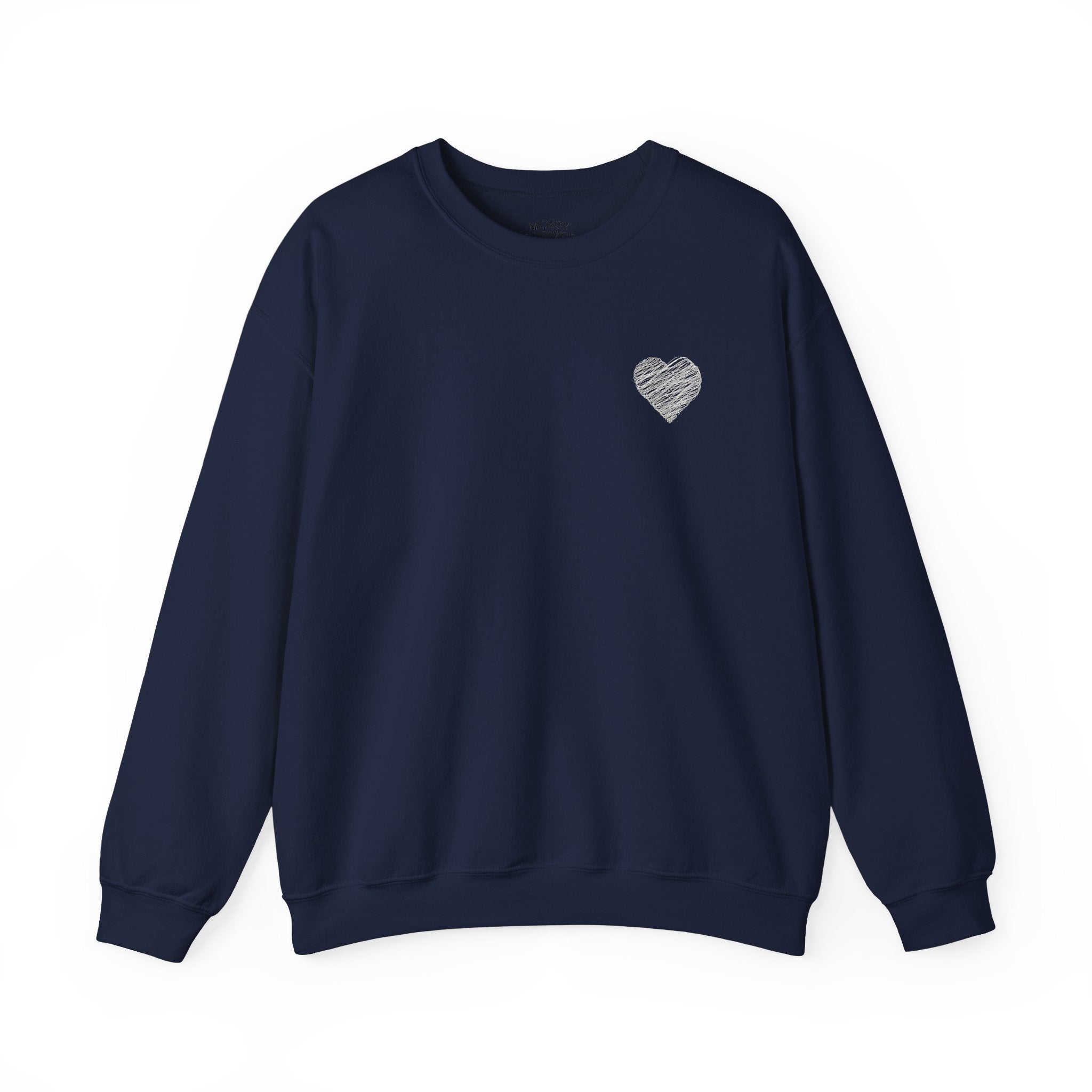 White Crewneck Sweatshirt with Small Gray Heart Chest Design