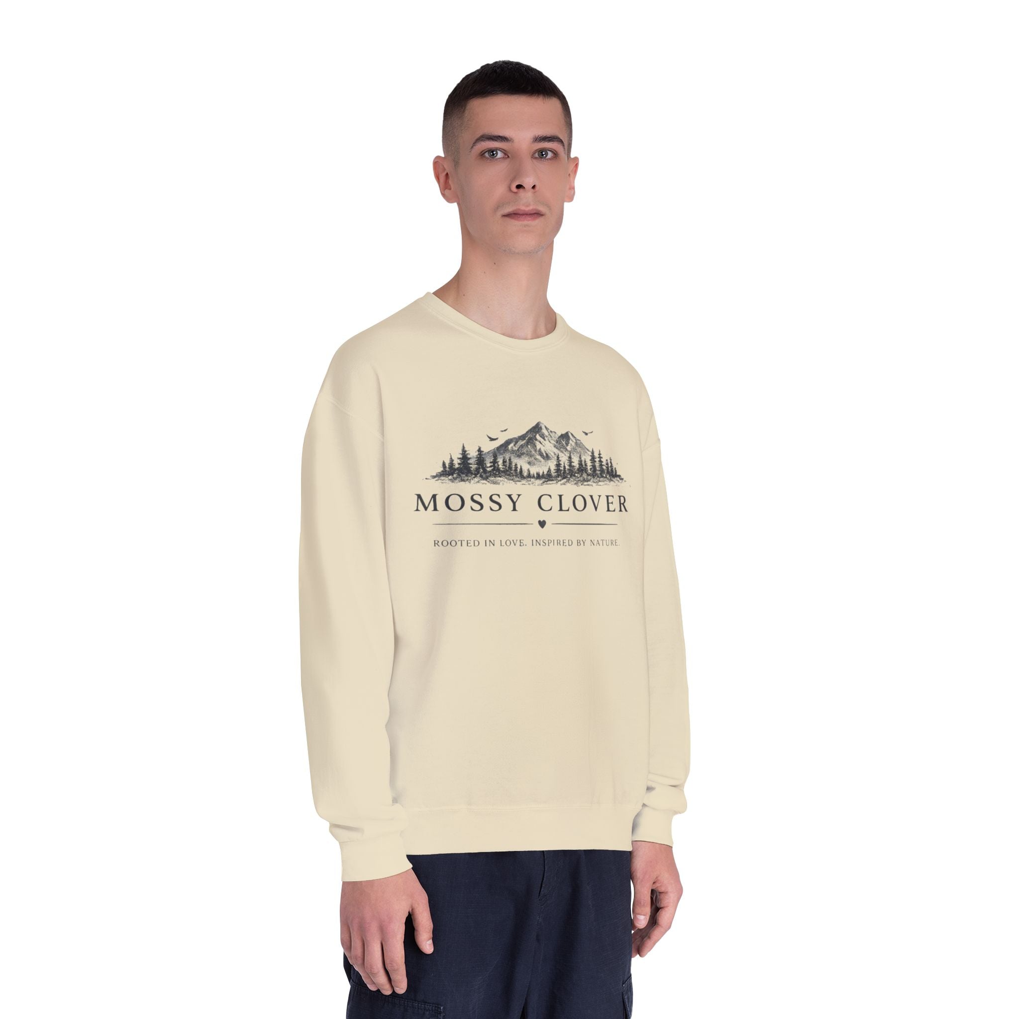 Mossy Clover Mountain Crewneck Sweatshirt — Rustic Nature Graphic Pullover