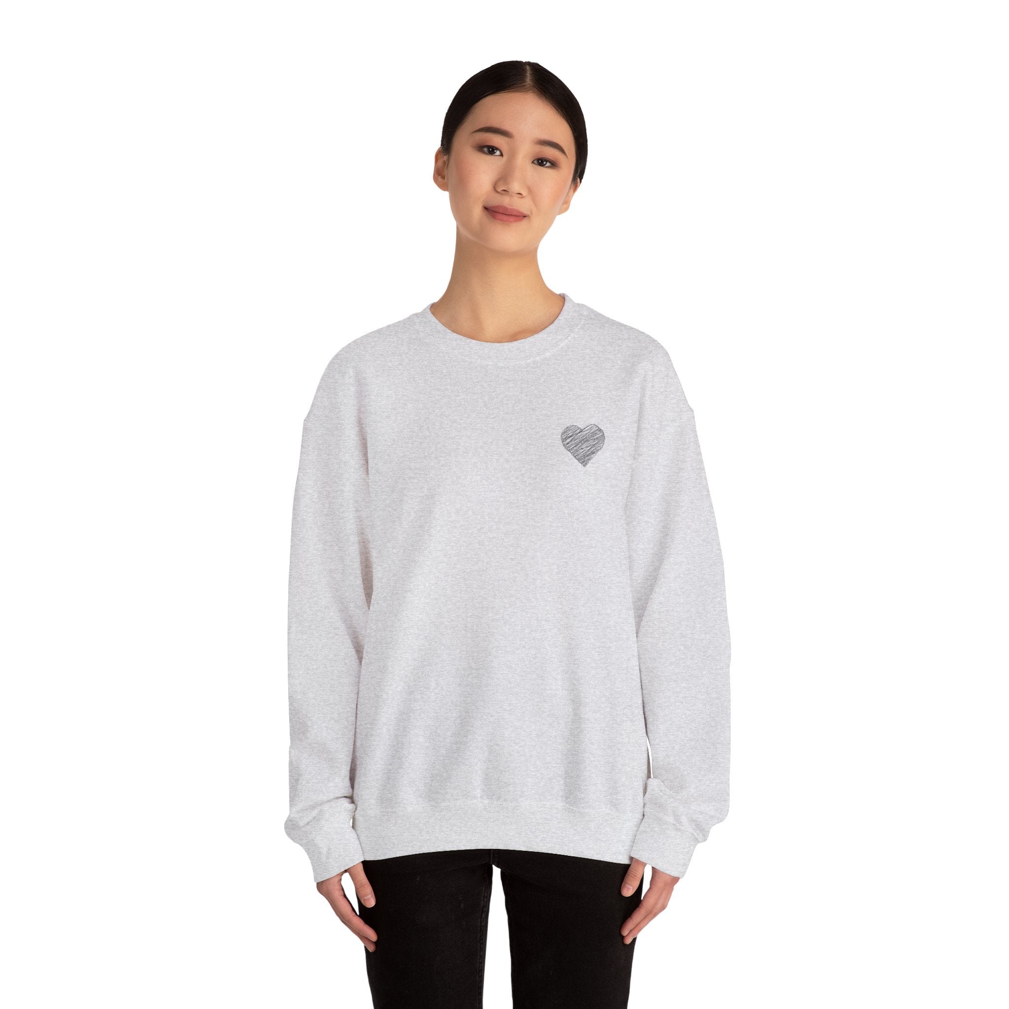 White Crewneck Sweatshirt with Small Gray Heart Chest Design