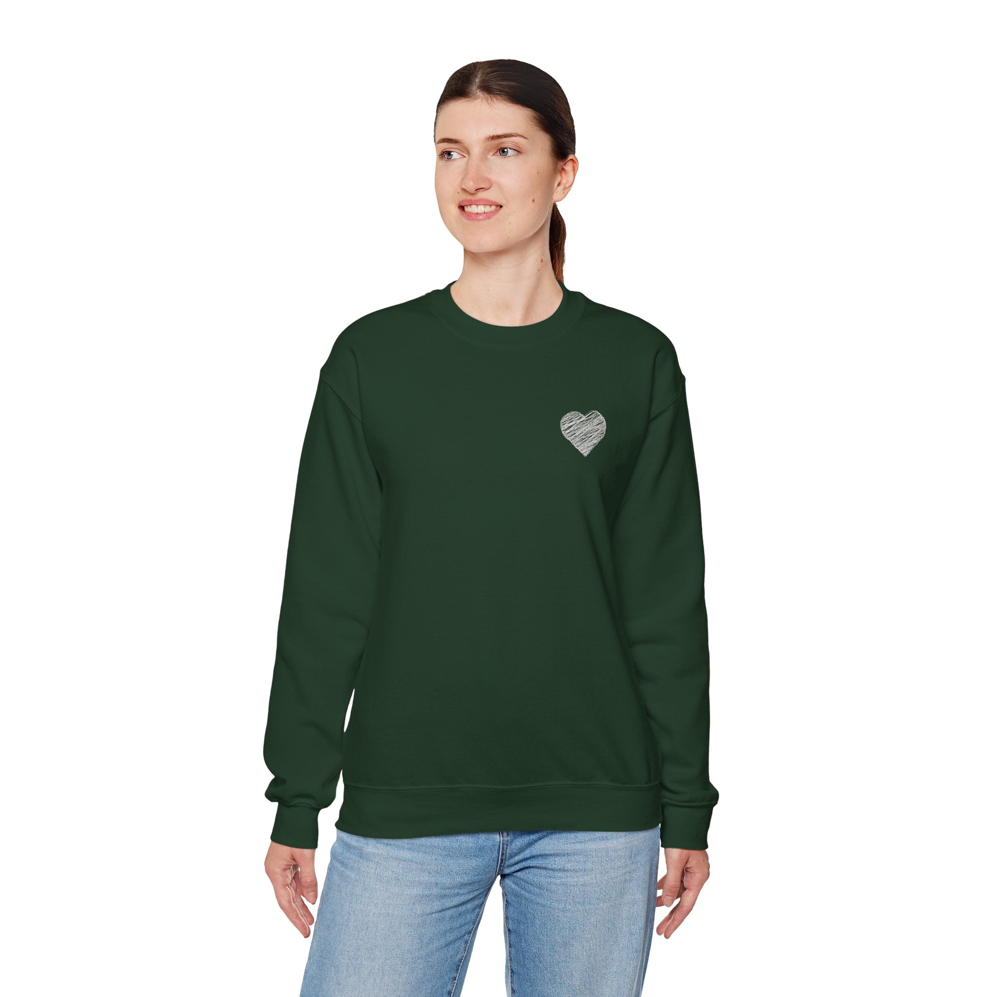 White Crewneck Sweatshirt with Small Gray Heart Chest Design