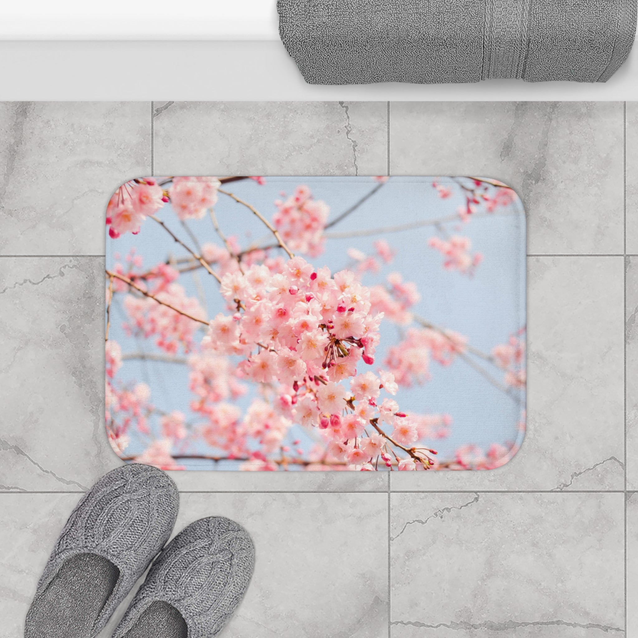 Cherry Blossom Bath Mat — Soft Pink Sakura Floral Bathroom Rug