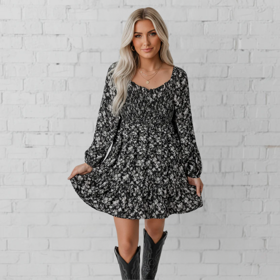 Floral Long Sleeve Frill Square Neck Dress