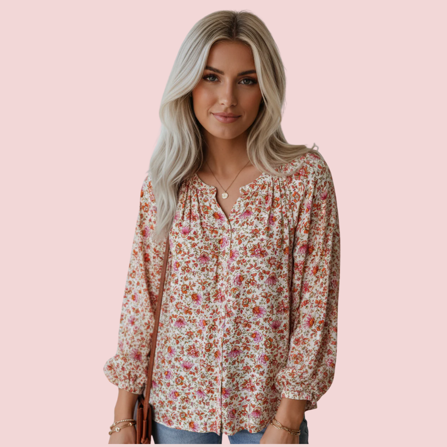 Floral Pleated Notched Neck Puff Sleeve Blouse