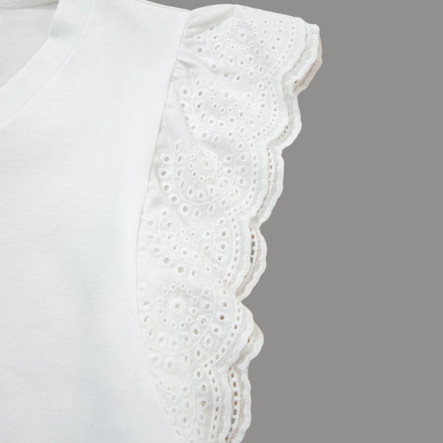 Eyelet Embroidered Flutter Sleeve Patchwork V-Neck Tee