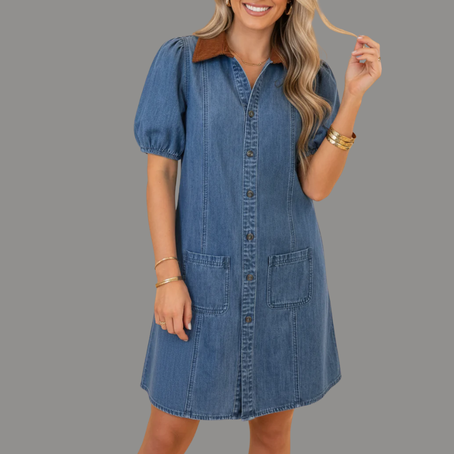 Denim Patchwork Collar Puff Sleeve Buttoned Mini Dress