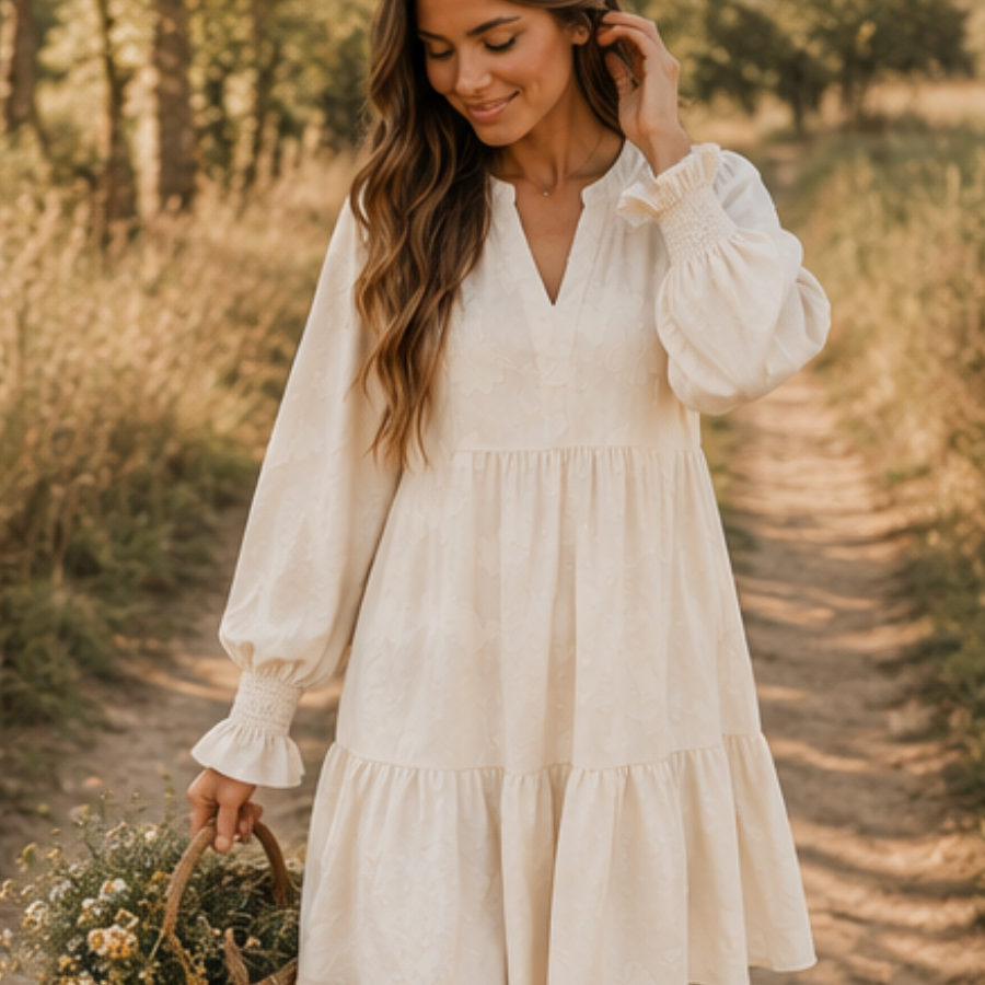 Floral Textured Long Sleeve Tiered Mini Dress
