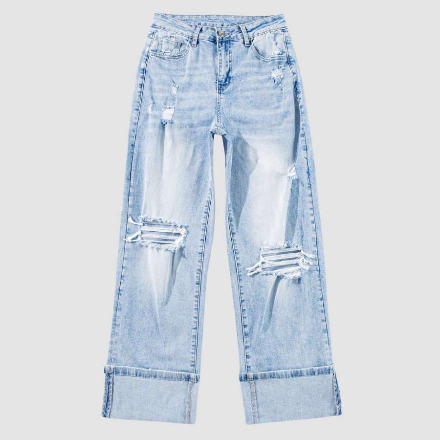 Distressed Denim Light Wash Straight Leg Jeans