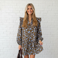 Floral Ruffle Shirt Collar Buttoned Long Sleeve Dress