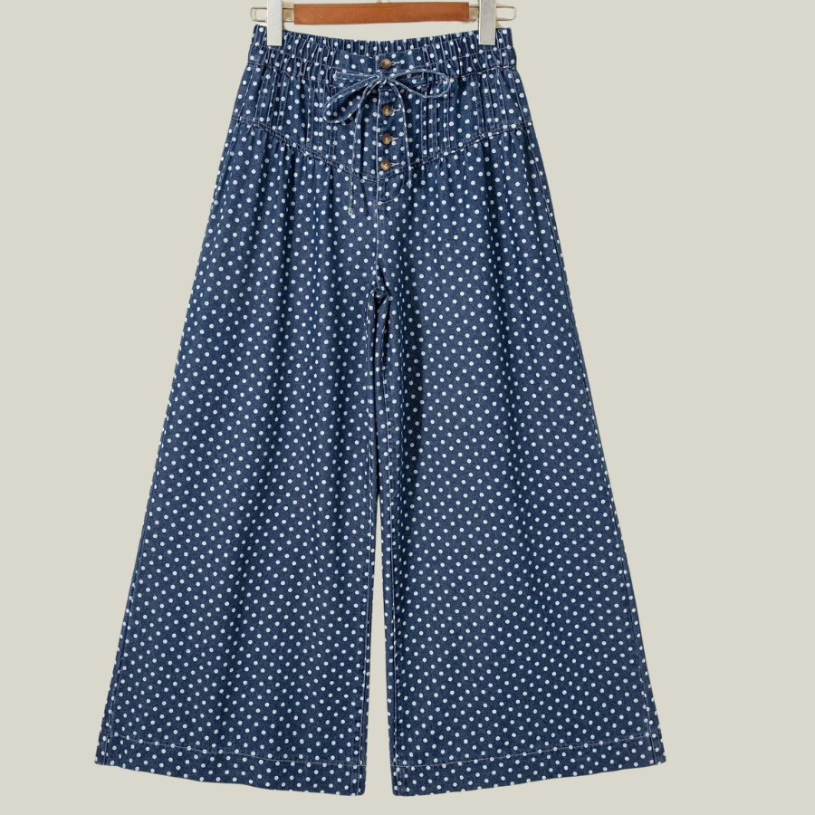 Polka Dot Button Up Pleated Wide Leg Jeans