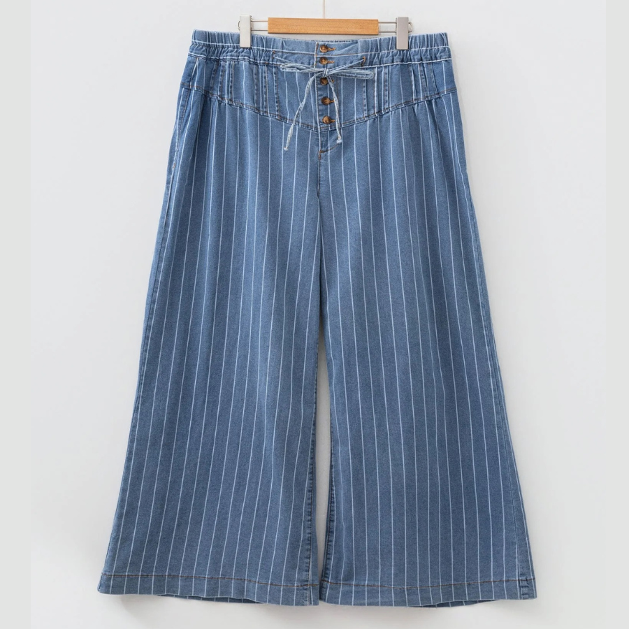 Plus Size Stripe Denim Buttoned Wide Leg Pants
