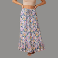 Floral Lace Up High Waist Ruffle Maxi Skirt