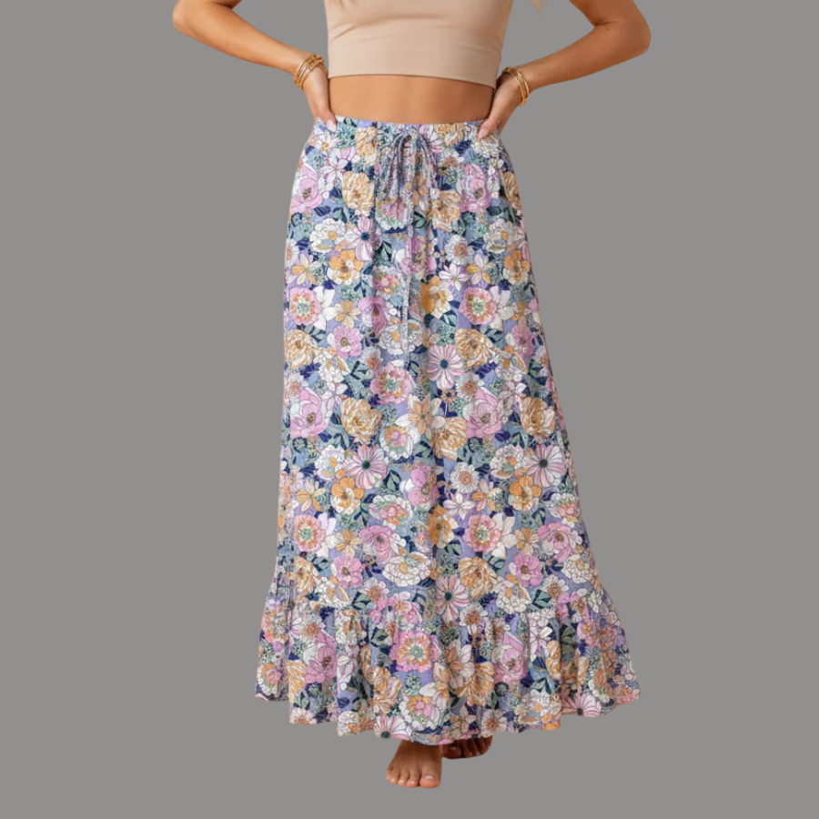 Floral Lace Up High Waist Ruffle Maxi Skirt